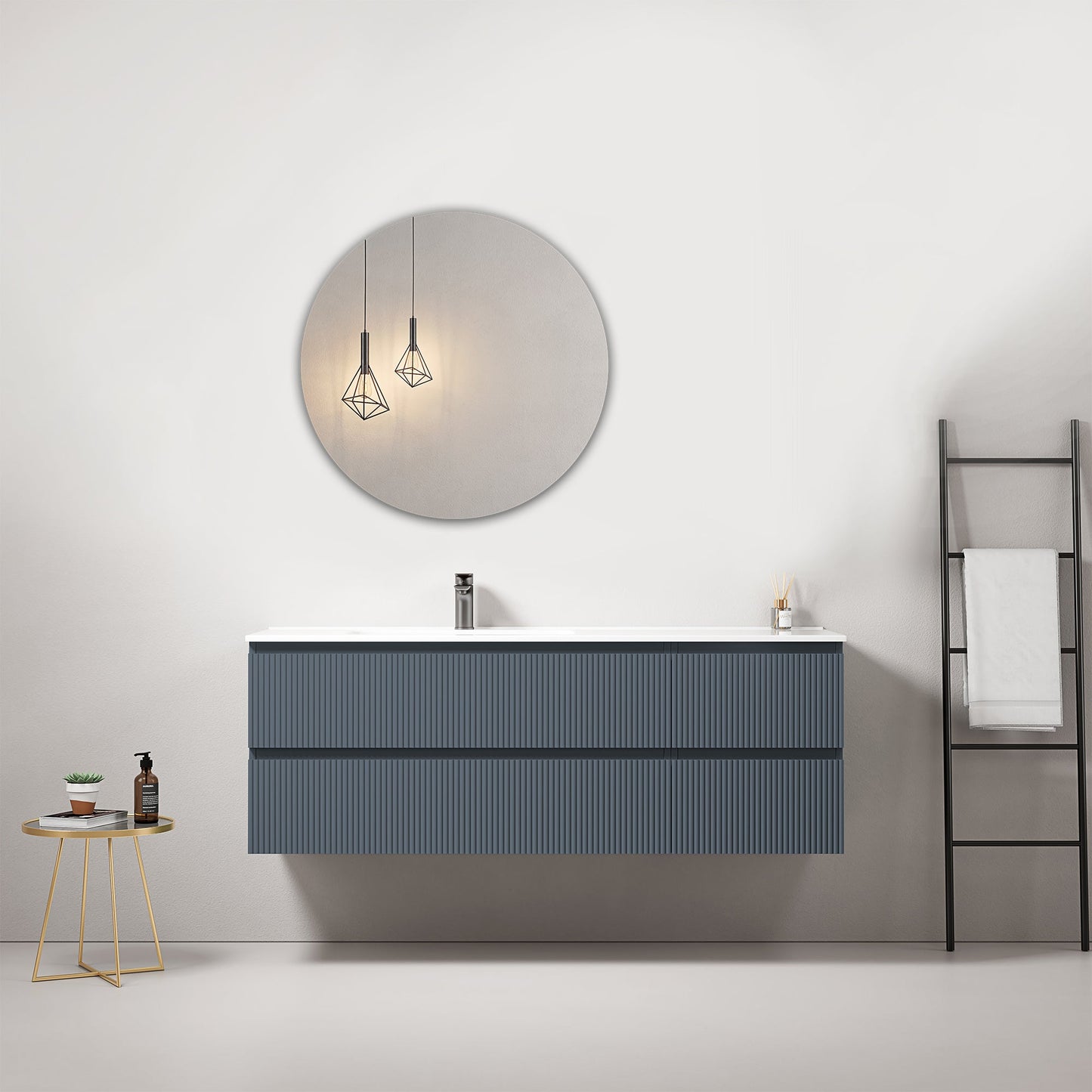 Mobile bagno sospeso cannettato 140 cm Blu Mare Lavabo a Sinistra in Resina Specchio Tondo - Fiji Paint.