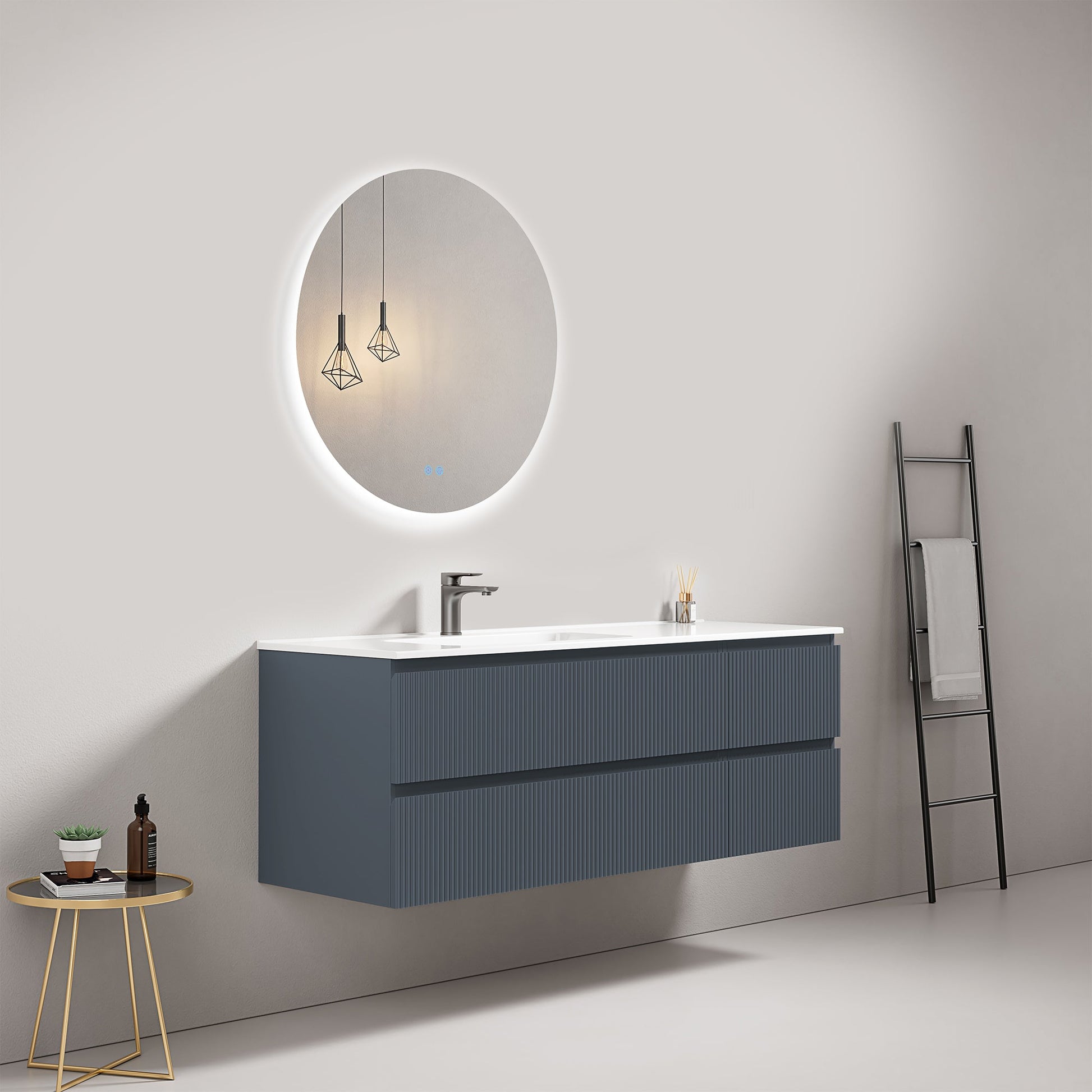 Mobile bagno sospeso cannettato 140 cm Blu Mare Lavabo a Sinistra in Resina Specchio Tondo Retroilluminato - Fiji Paint.