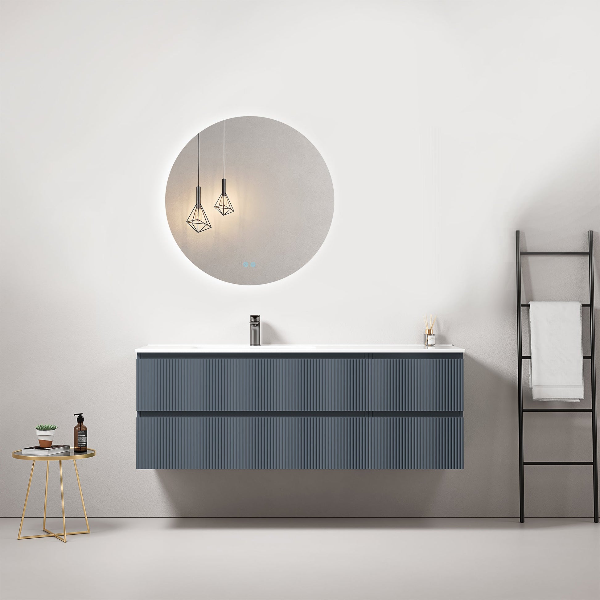 Mobile bagno sospeso cannettato 140 cm Blu Mare Lavabo a Sinistra in Resina Specchio Tondo Retroilluminato - Fiji Paint