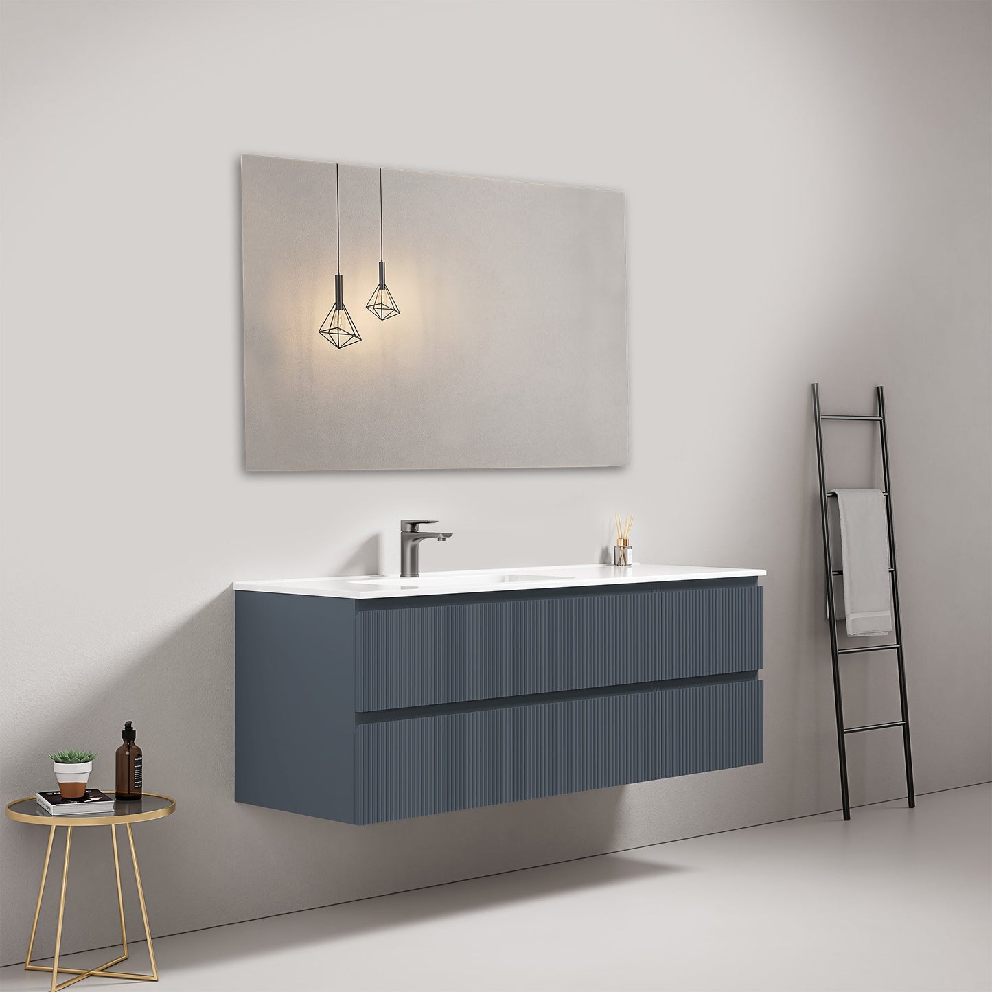 Mobile bagno sospeso cannettato 140 cm Blu Mare Lavabo a Sinistra in Resina Specchio Quadro - Fiji Paint