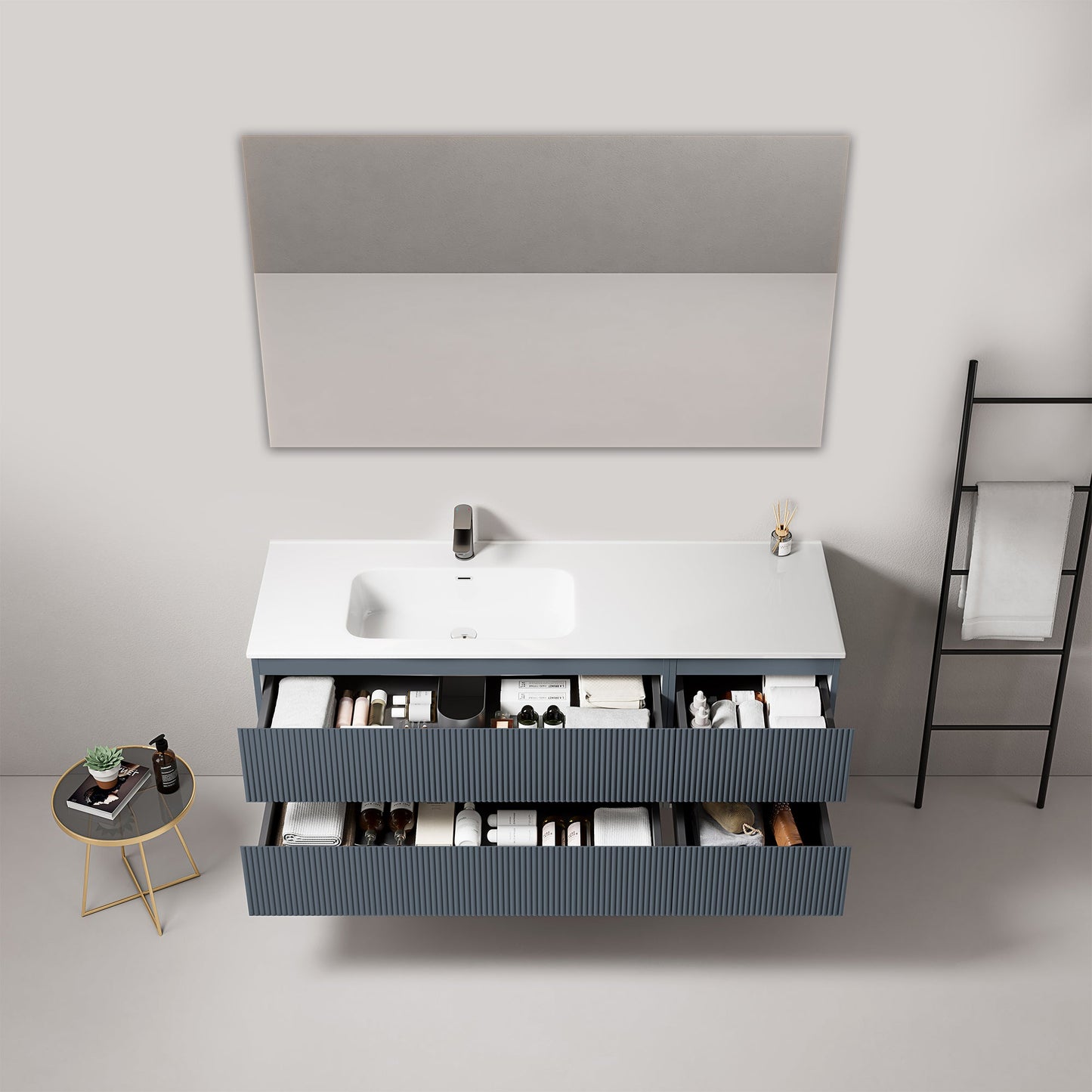 Mobile bagno sospeso cannettato 140 cm Blu Mare Lavabo a Sinistra in Resina Specchio Quadro - Fiji Paint