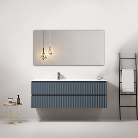 Mobile bagno sospeso cannettato 140 cm Blu Mare Lavabo a Sinistra in Resina Specchio Quadro - Fiji Paint