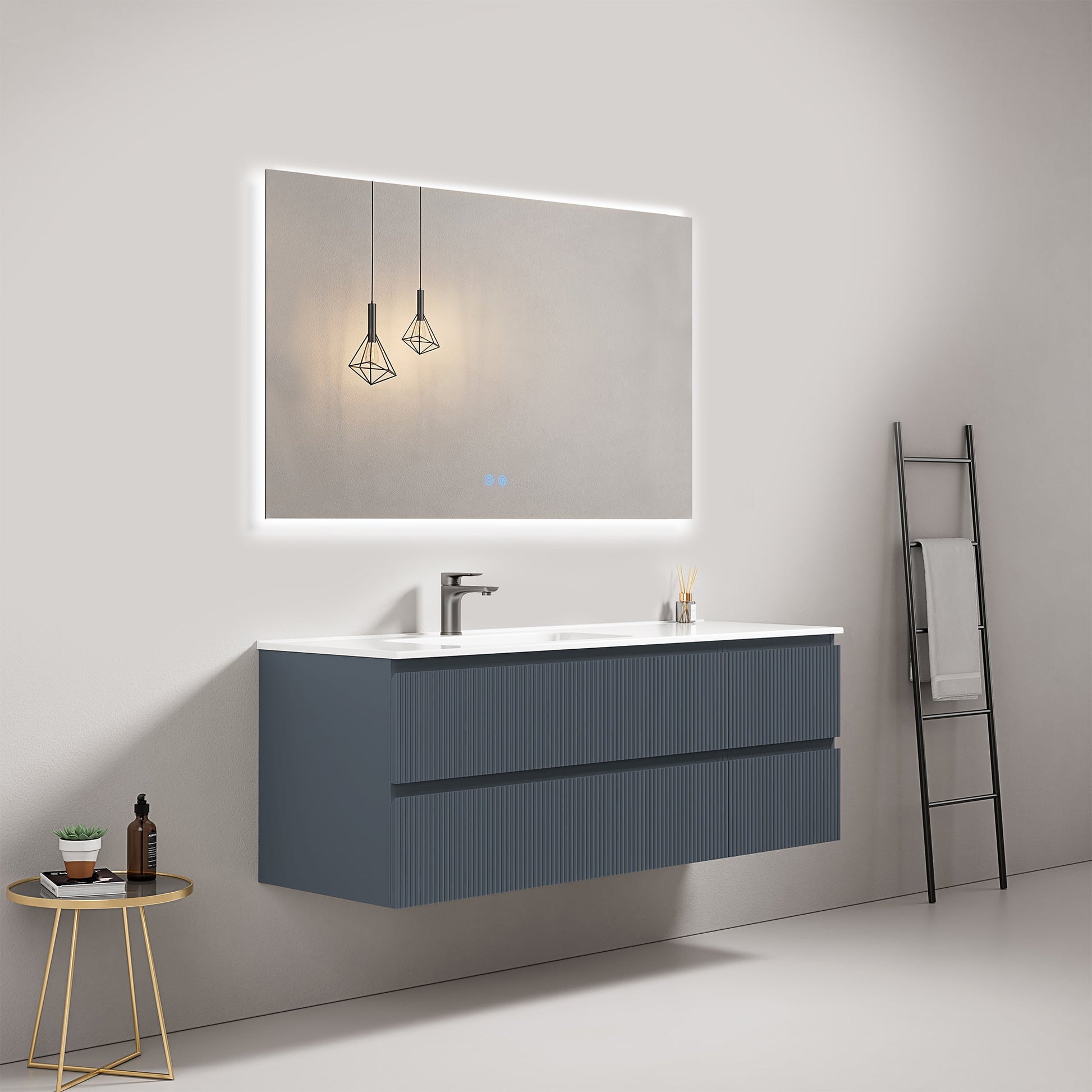Mobile bagno sospeso cannettato 140 cm Blu Mare Lavabo a Sinistra in Resina Specchio Quadro Retroilluminato - Fiji Paint