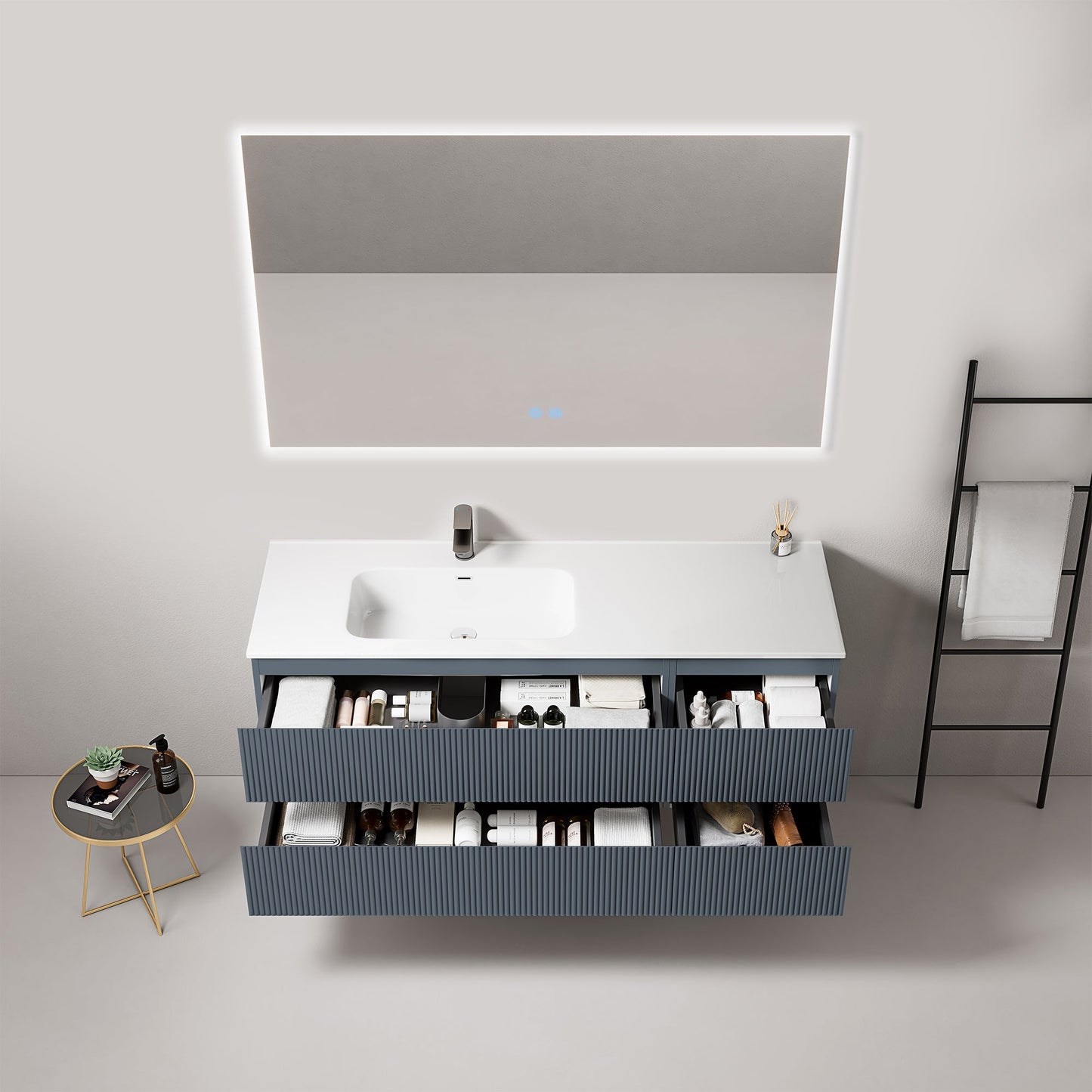 Mobile bagno sospeso cannettato 140 cm Blu Mare Lavabo a Sinistra in Resina Specchio Quadro Retroilluminato - Fiji Paint