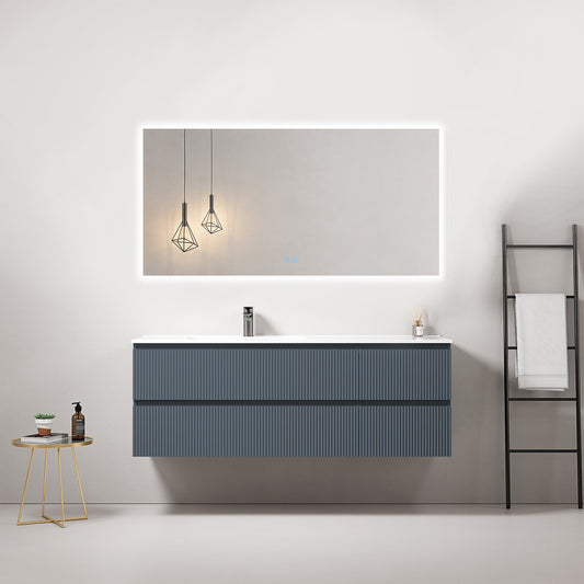 Mobile bagno sospeso cannettato 140 cm Blu Mare Lavabo a Sinistra in Resina Specchio Quadro Retroilluminato - Fiji Paint
