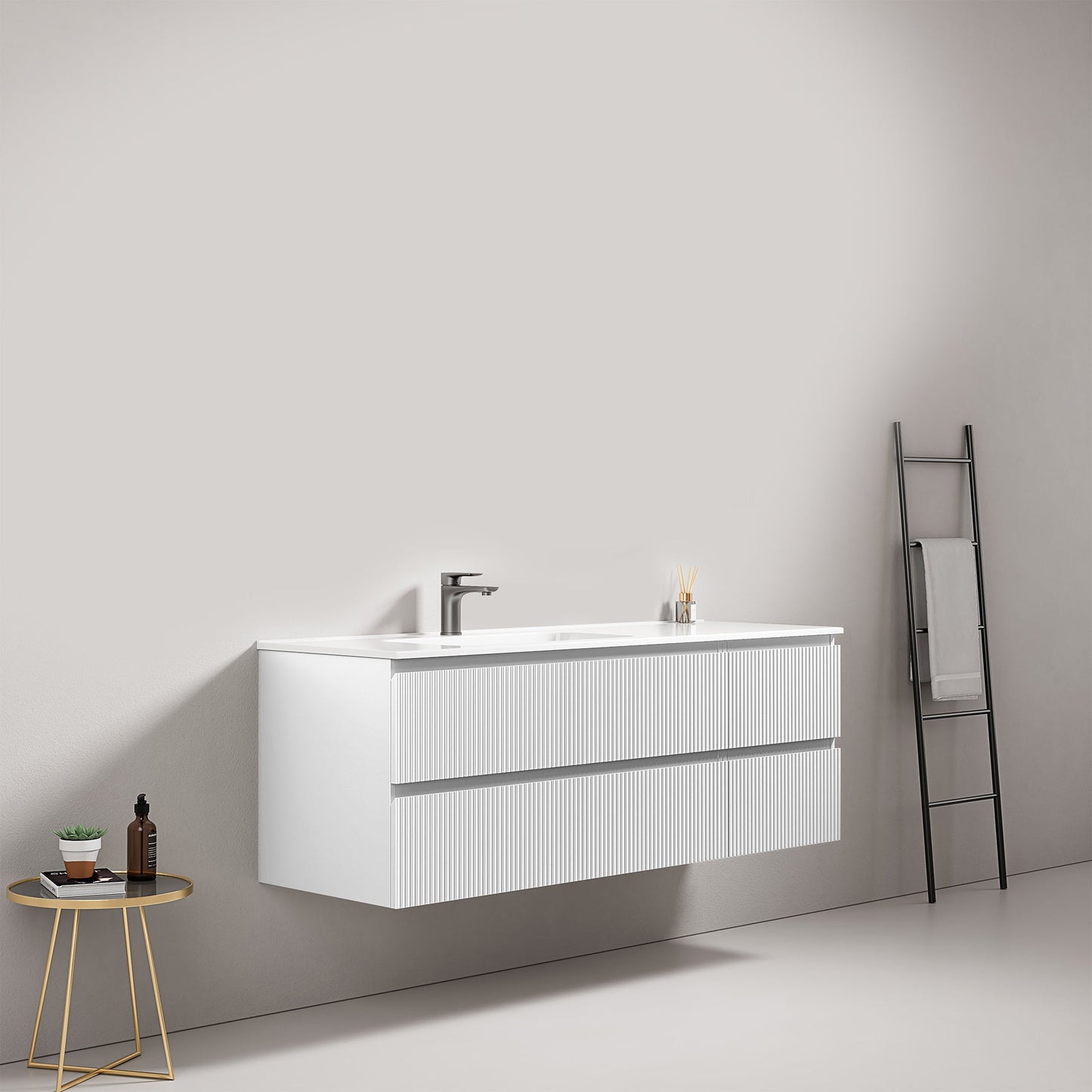 Mobile bagno sospeso cannettato 140 cm Bianco Lavabo a Sinistra in Resina Senza Specchio - Fiji Paint