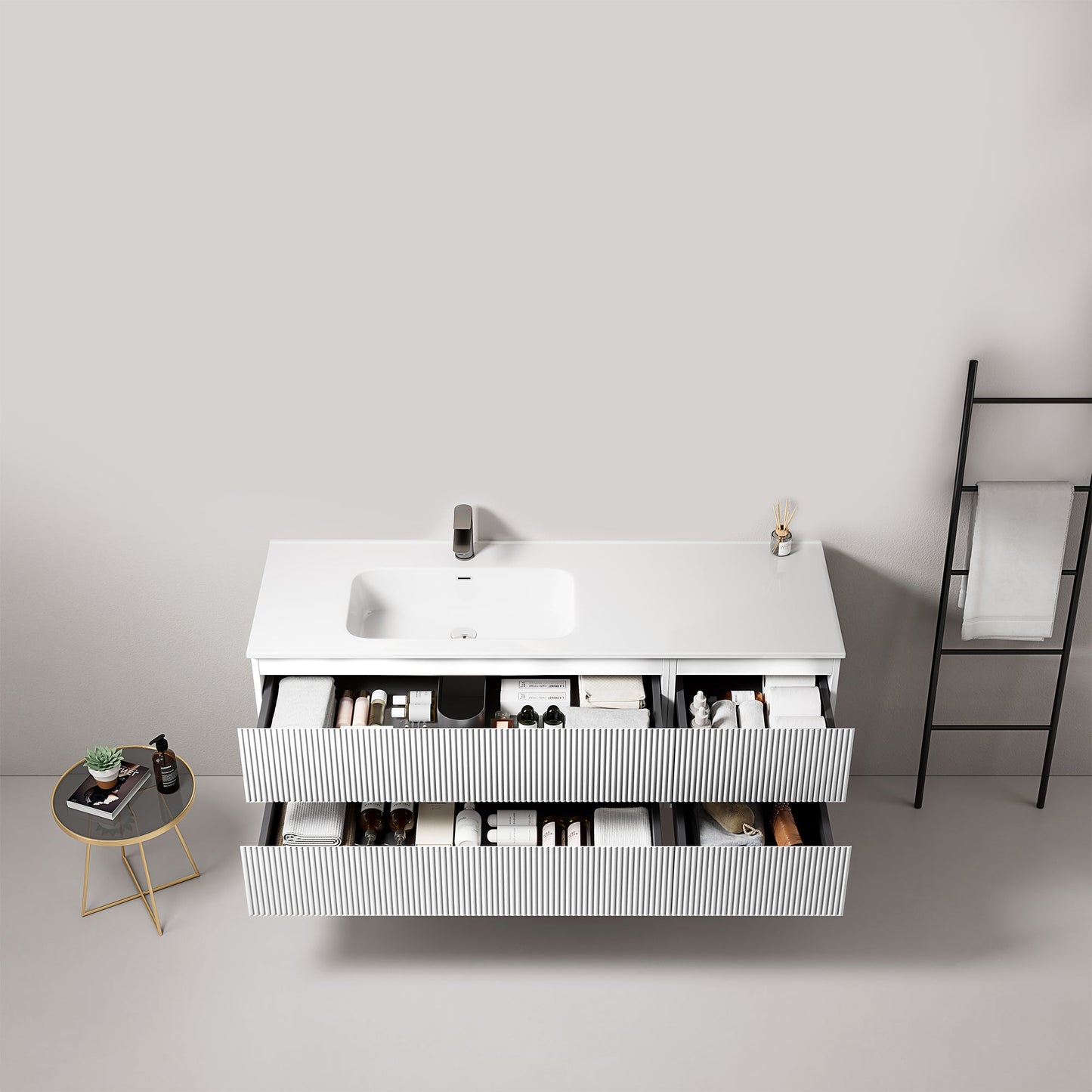 Mobile bagno sospeso cannettato 140 cm Bianco Lavabo a Sinistra in Resina Senza Specchio - Fiji Paint