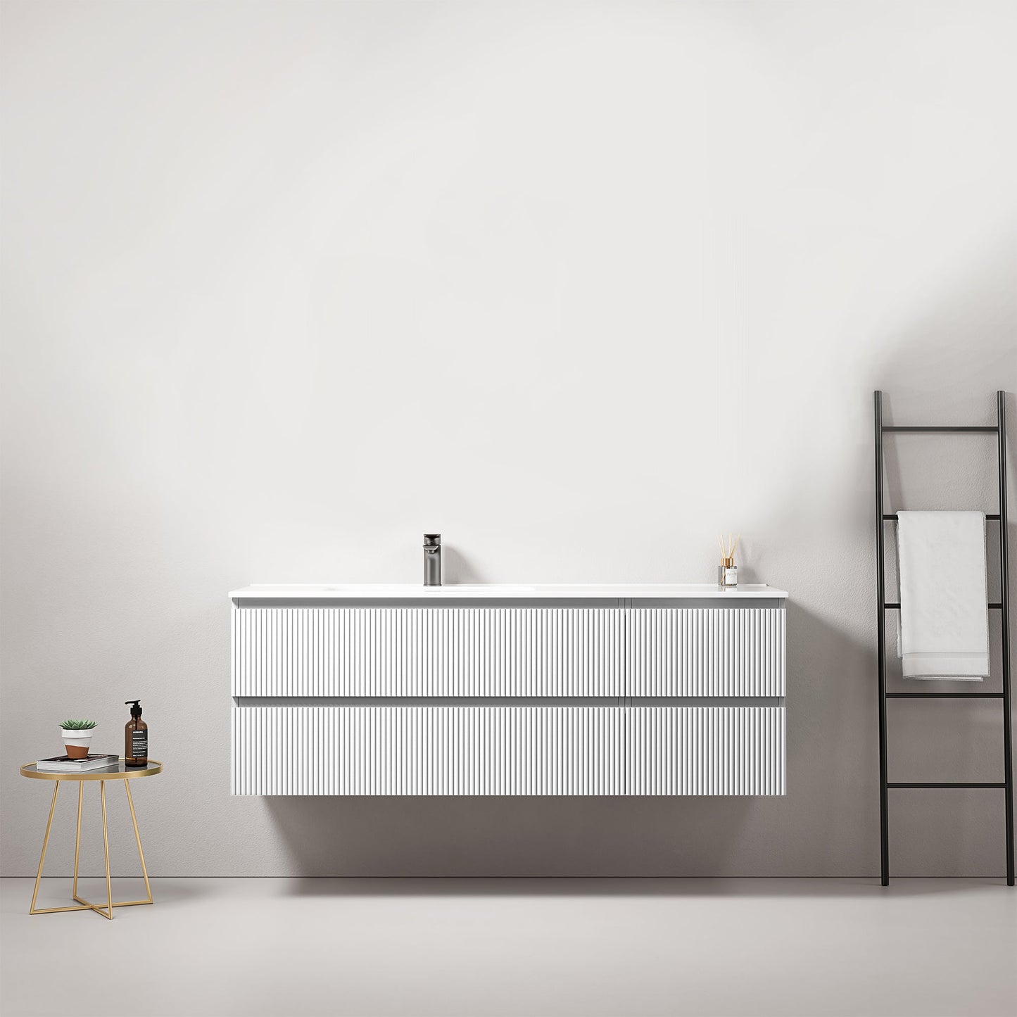 Mobile bagno sospeso cannettato 140 cm Bianco Lavabo a Sinistra in Resina Senza Specchio - Fiji Paint