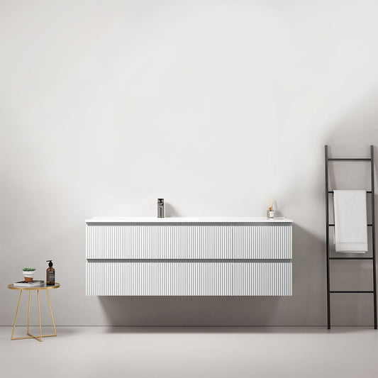 Mobile bagno sospeso cannettato 140 cm Bianco Lavabo a Sinistra in Resina Senza Specchio - Fiji Paint