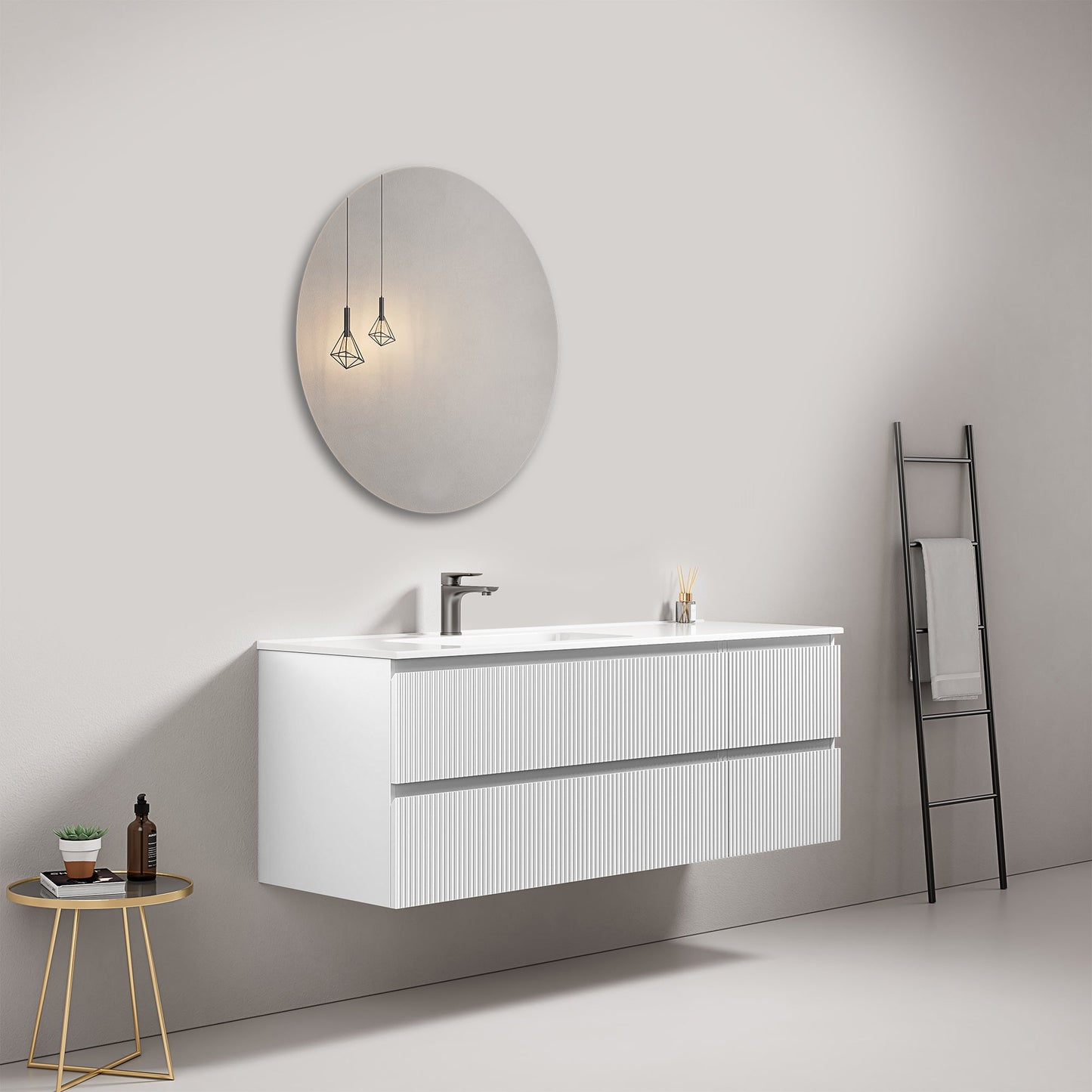 Mobile bagno sospeso cannettato 140 cm Bianco Lavabo a Sinistra in Resina Specchio Tondo - Fiji Paint.