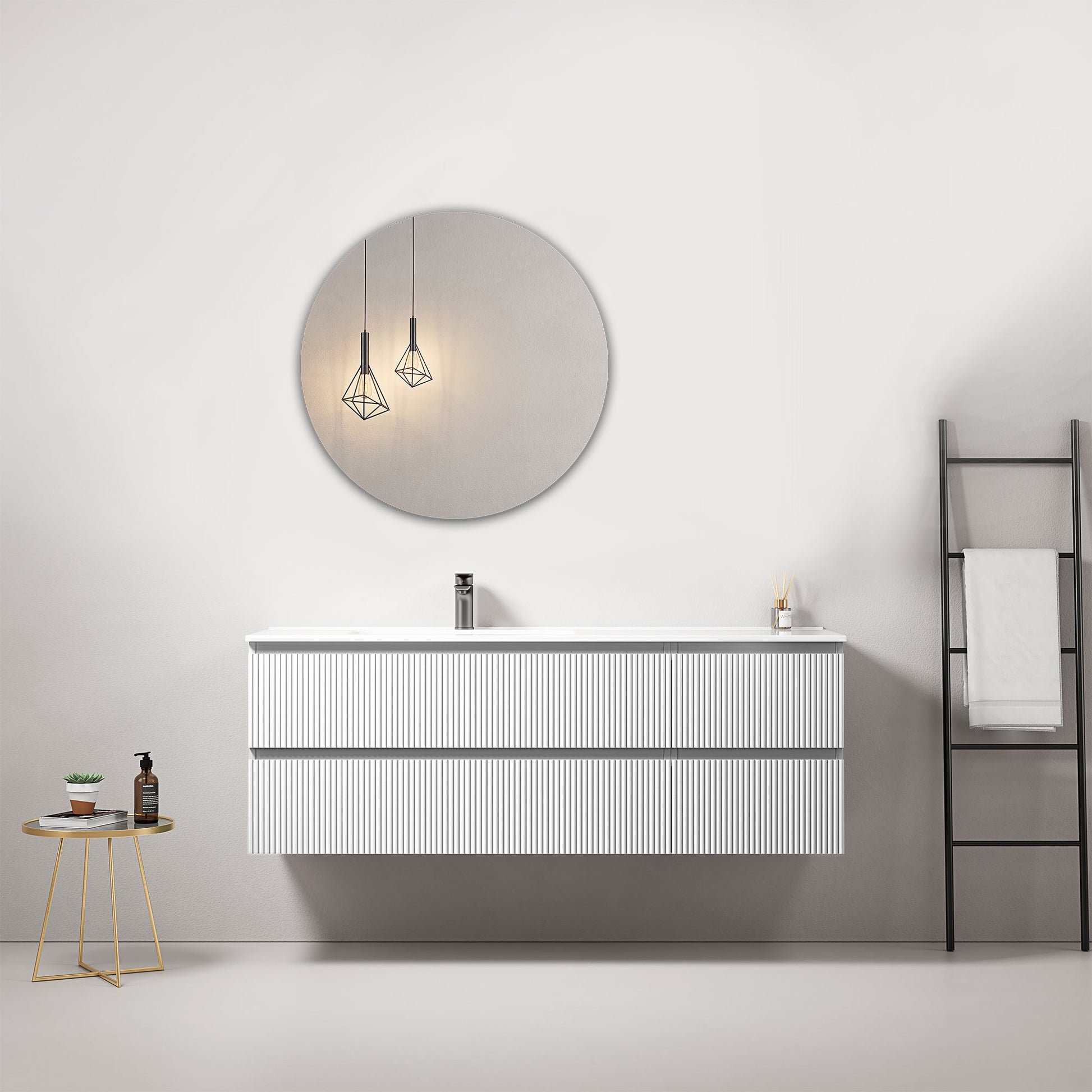 Mobile bagno sospeso cannettato 140 cm Bianco Lavabo a Sinistra in Resina Specchio Tondo - Fiji Paint