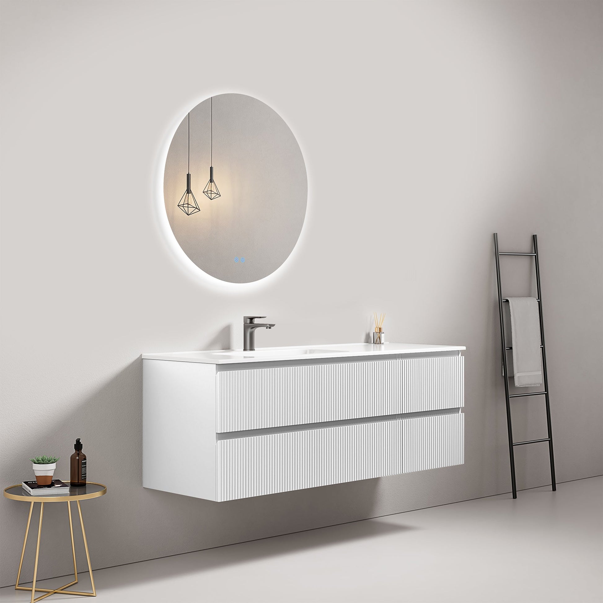 Mobile bagno sospeso cannettato 140 cm Bianco Lavabo a Sinistra in Resina Specchio Tondo Retroilluminato - Fiji Paint