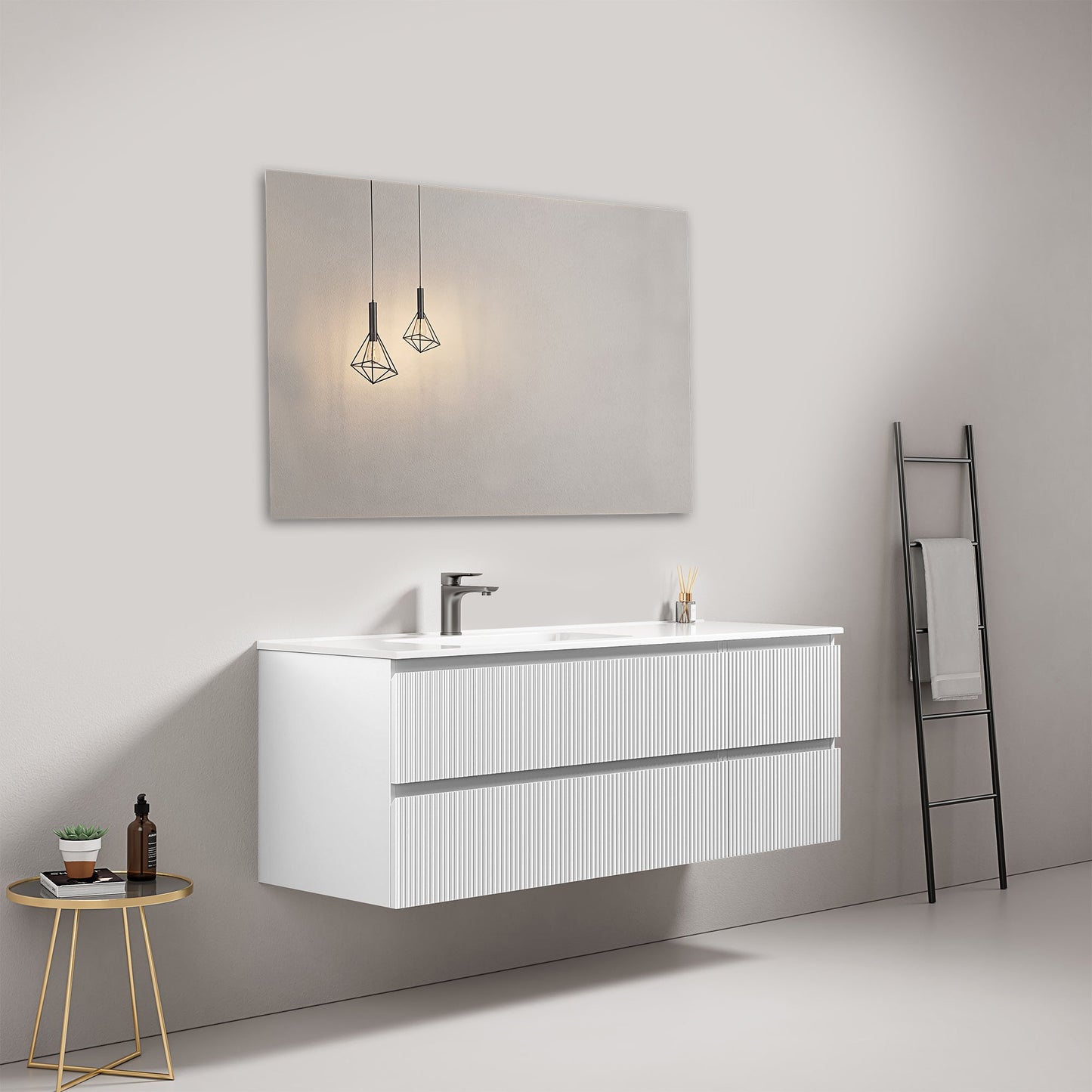 Mobile bagno sospeso cannettato 140 cm Bianco Lavabo a Sinistra in Resina Specchio Quadro - Fiji Paint