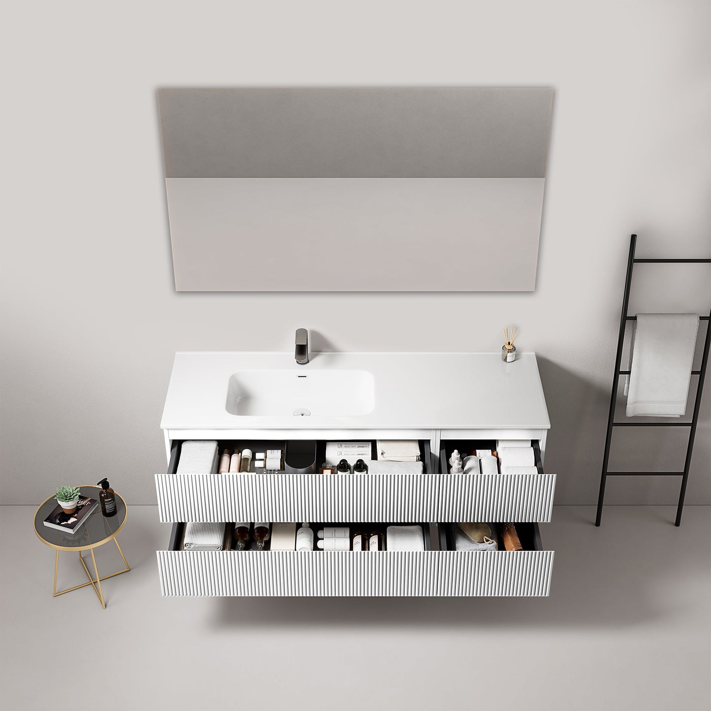 Mobile bagno sospeso cannettato 140 cm Bianco Lavabo a Sinistra in Resina Specchio Quadro - Fiji Paint