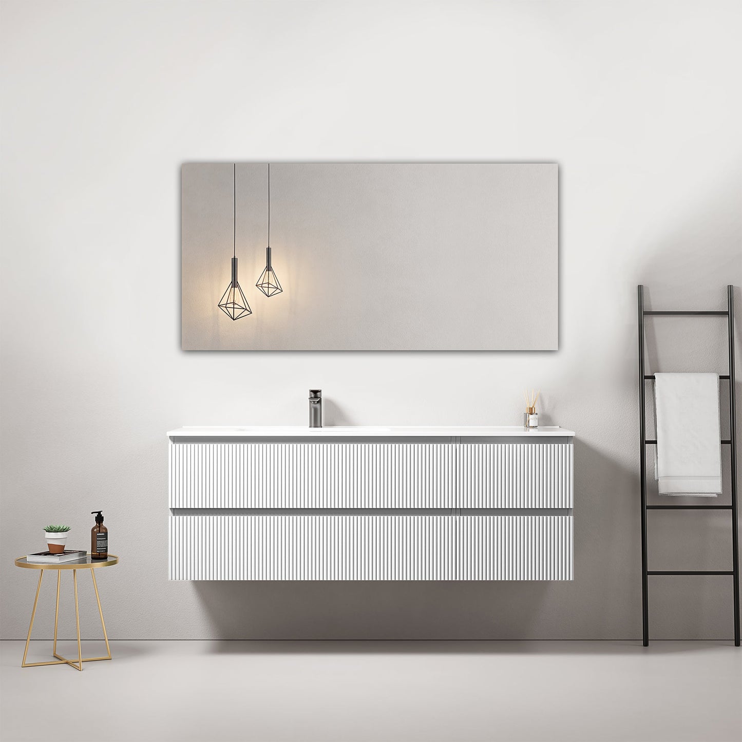 Mobile bagno sospeso cannettato 140 cm Bianco Lavabo a Sinistra in Resina Specchio Quadro - Fiji Paint