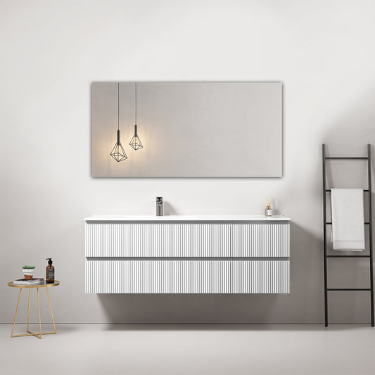 Mobile bagno sospeso cannettato 140 cm Bianco Lavabo a Sinistra in Resina Specchio Quadro - Fiji Paint