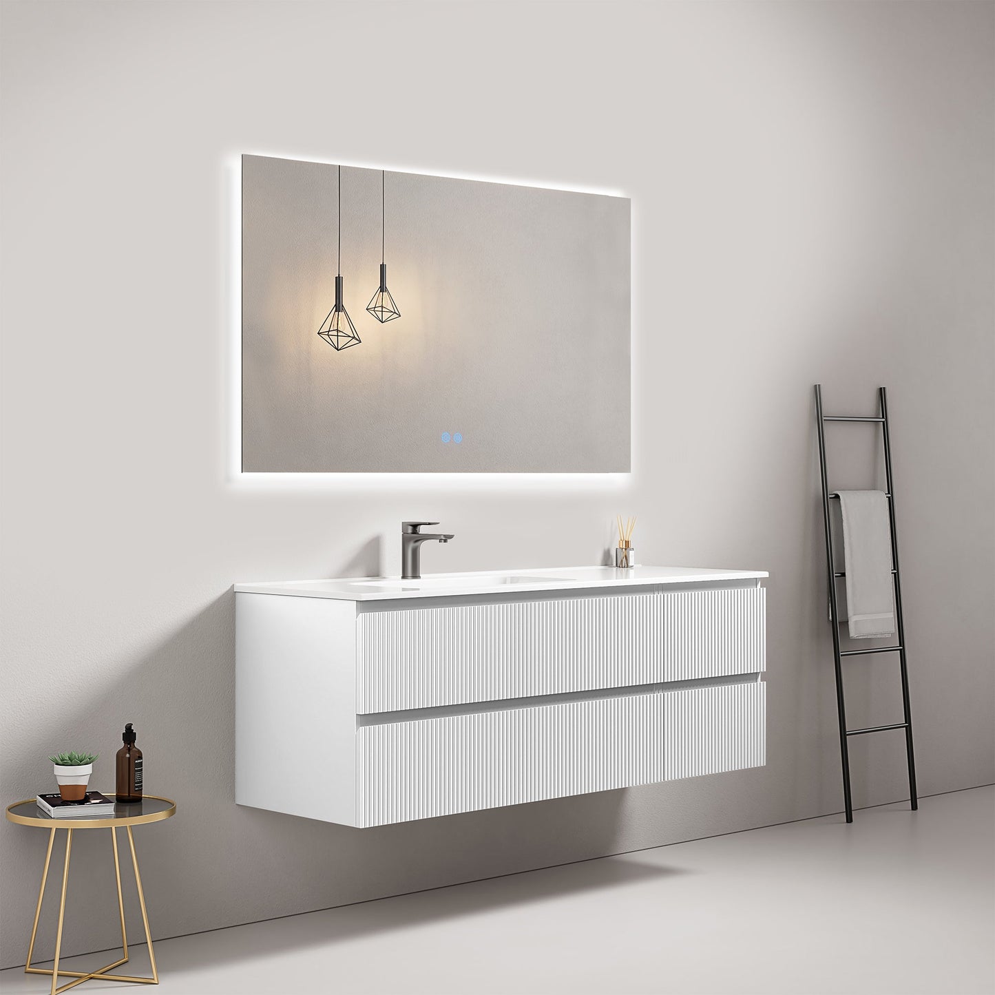 Mobile bagno sospeso cannettato 140 cm Bianco Lavabo a Sinistra in Resina Specchio Quadro Retroilluminato - Fiji Paint