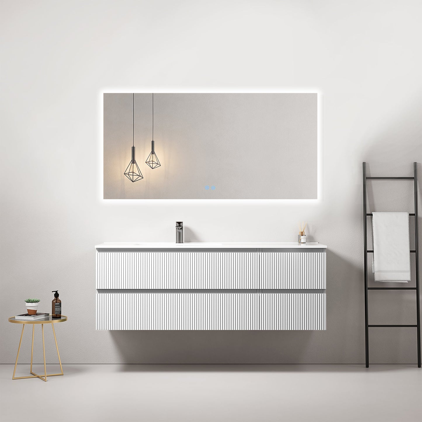 Mobile bagno sospeso cannettato 140 cm Bianco Lavabo a Sinistra in Resina Specchio Quadro Retroilluminato - Fiji Paint