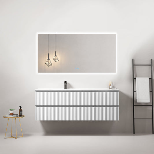 Mobile bagno sospeso cannettato 140 cm Bianco Lavabo a Sinistra in Resina Specchio Quadro Retroilluminato - Fiji Paint