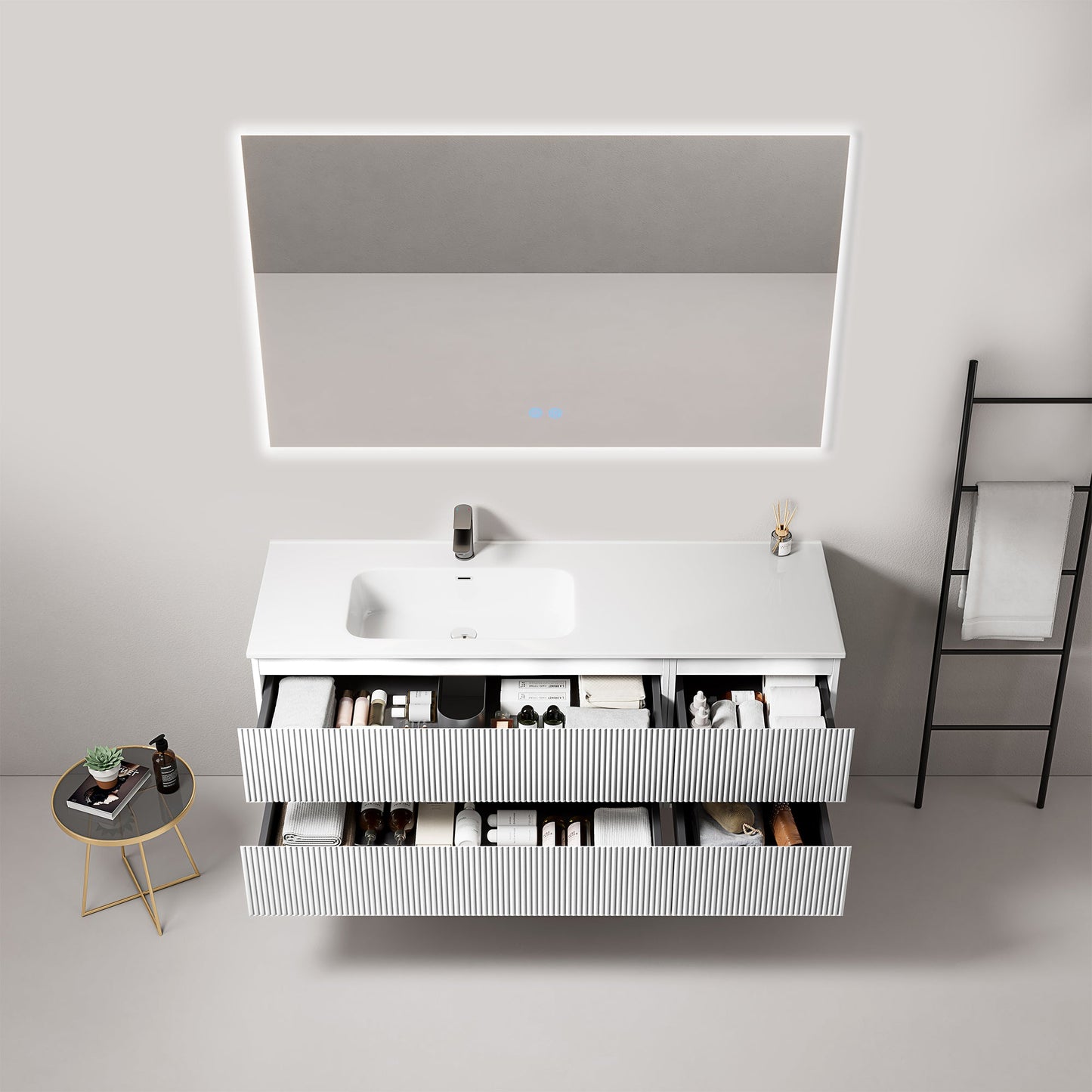 Mobile bagno sospeso cannettato 140 cm Bianco Lavabo a Sinistra in Resina Specchio Quadro Retroilluminato - Fiji Paint
