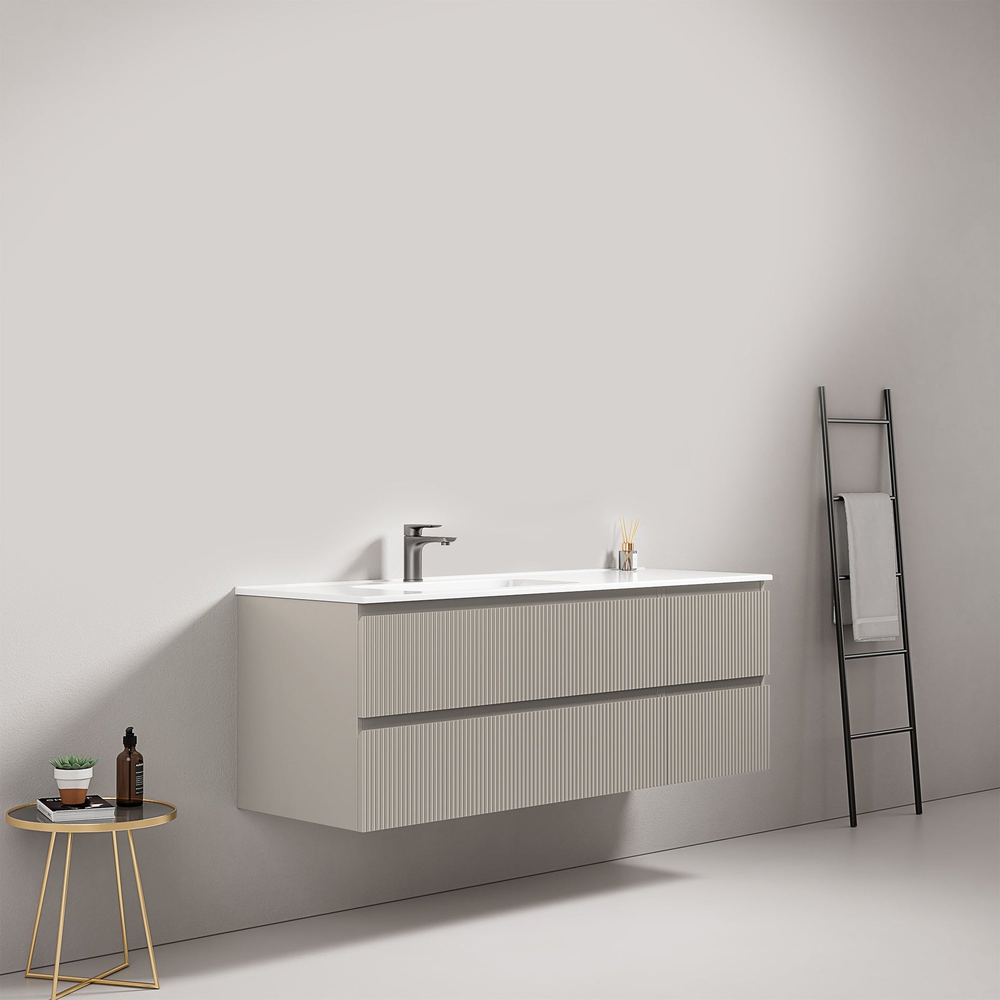 Mobile bagno sospeso cannettato 140 cm Grigio Cenere Lavabo a Sinistra in Resina Senza Specchio - Fiji Paint
