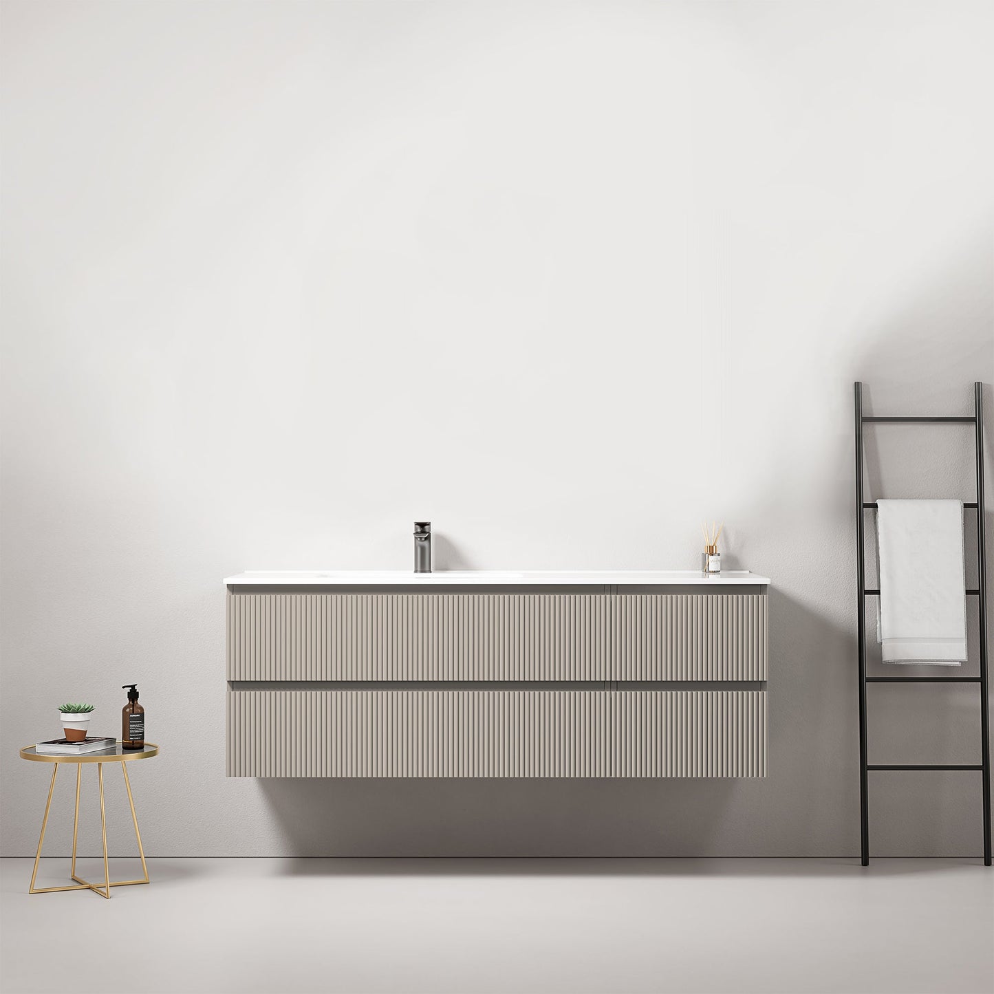 Mobile bagno sospeso cannettato 140 cm Grigio Cenere Lavabo a Sinistra in Resina Senza Specchio - Fiji Paint.