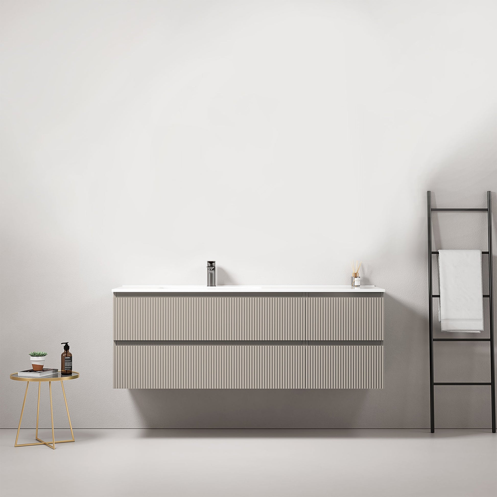Mobile bagno sospeso cannettato 140 cm Grigio Cenere Lavabo a Sinistra in Resina Senza Specchio - Fiji Paint.