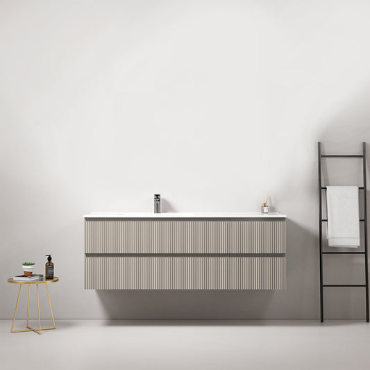 Mobile bagno sospeso cannettato 140 cm Grigio Cenere Lavabo a Sinistra in Resina Senza Specchio - Fiji Paint.
