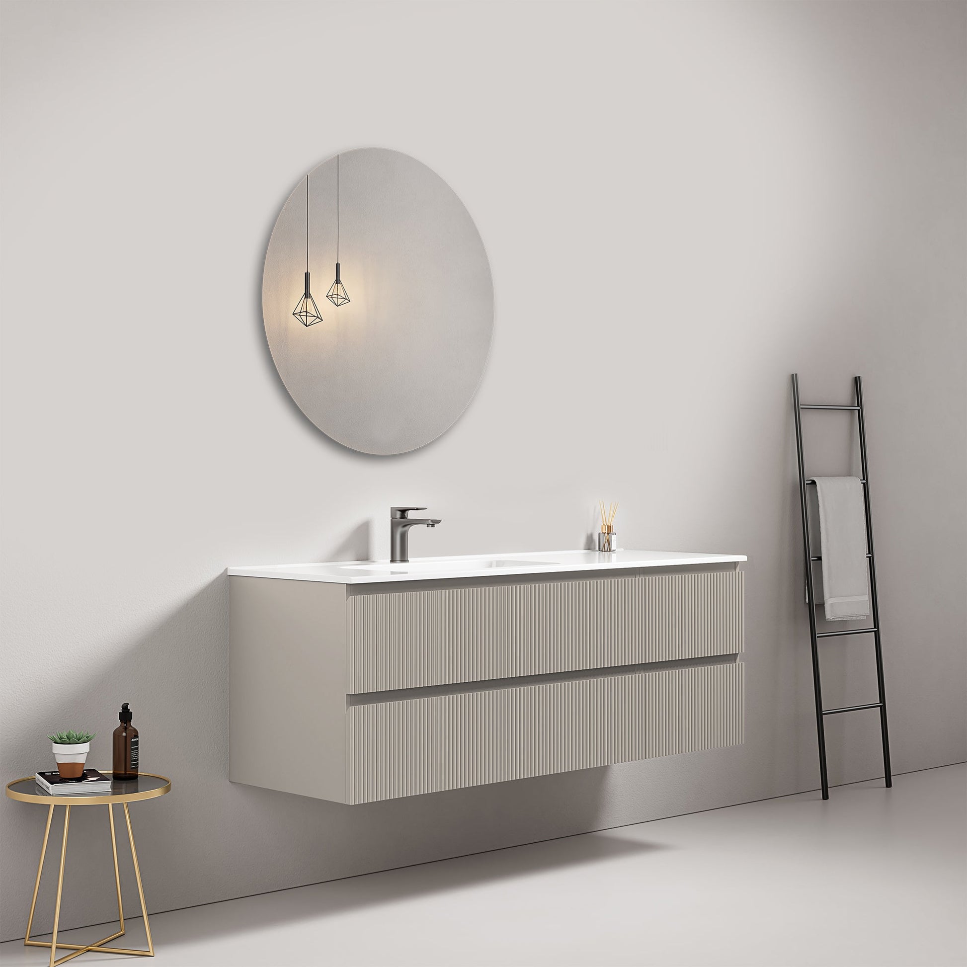 Mobile bagno sospeso cannettato 140 cm Grigio Cenere Lavabo a Sinistra in Resina Specchio Tondo - Fiji Paint