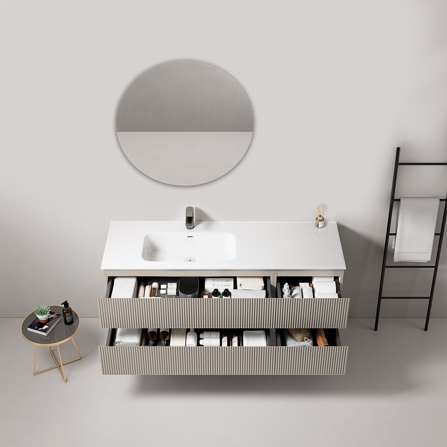 Mobile bagno sospeso cannettato 140 cm Grigio Cenere Lavabo a Sinistra in Resina Specchio Tondo - Fiji Paint