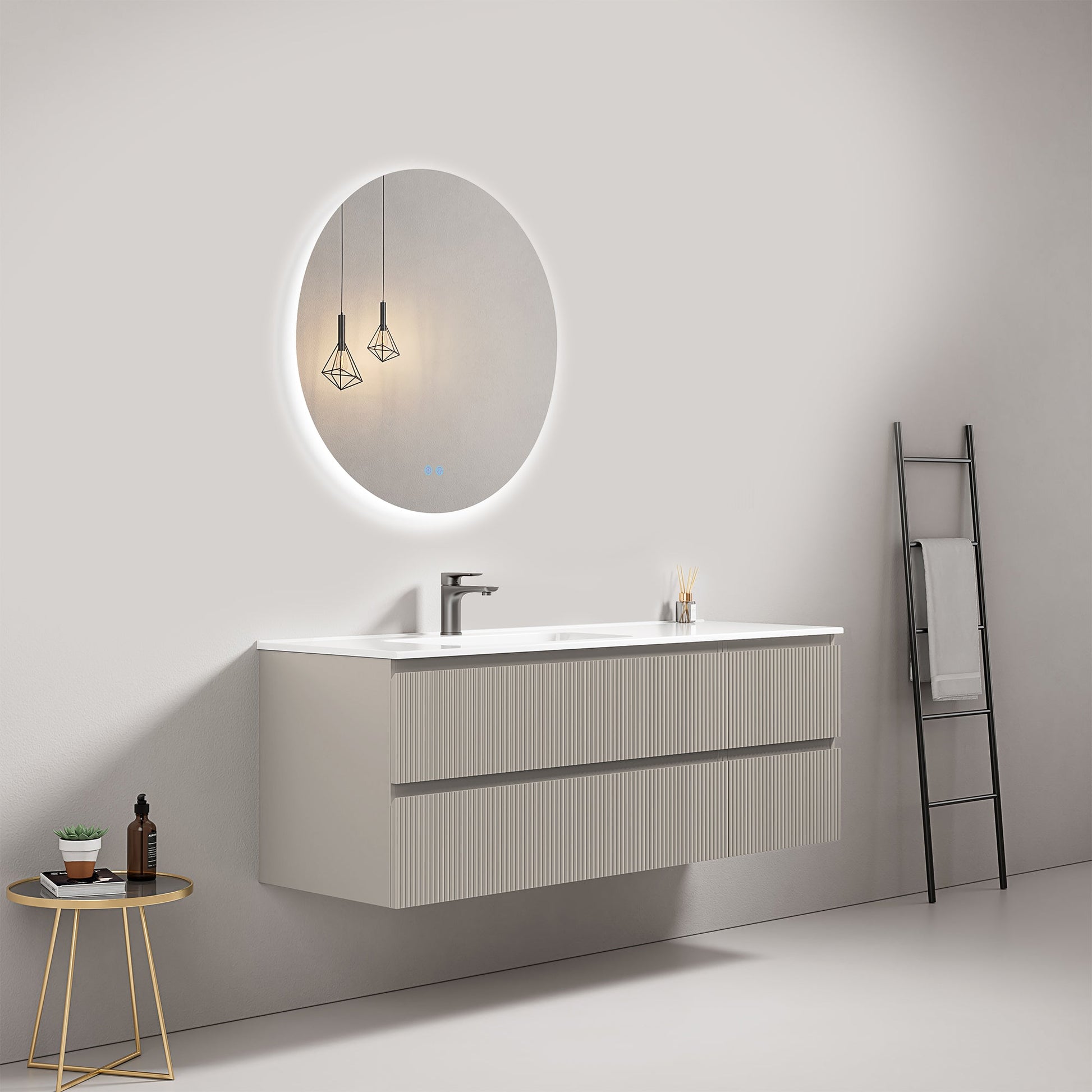 Mobile bagno sospeso cannettato 140 cm Grigio Cenere Lavabo a Sinistra in Resina Specchio Tondo Retroilluminato - Fiji Paint