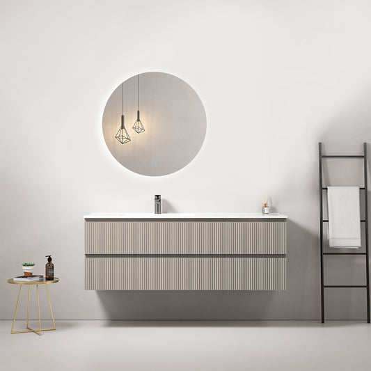 Mobile bagno sospeso cannettato 140 cm Grigio Cenere Lavabo a Sinistra in Resina Specchio Tondo Retroilluminato - Fiji Paint