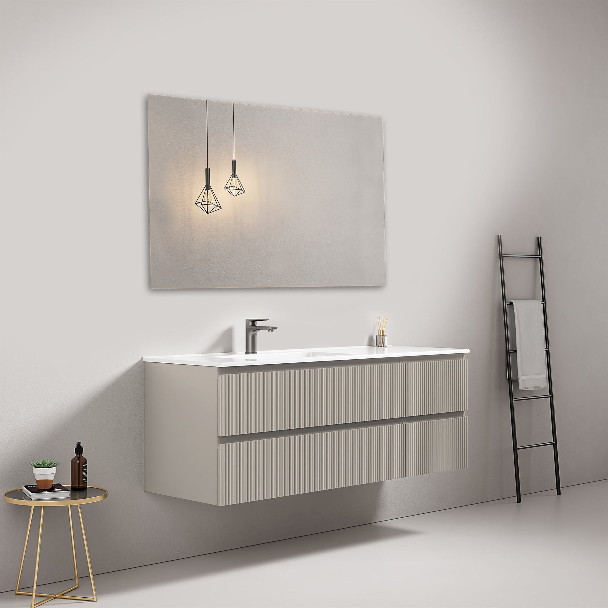 Mobile bagno sospeso cannettato 140 cm Grigio Cenere Lavabo a Sinistra in Resina Specchio Quadro - Fiji Paint