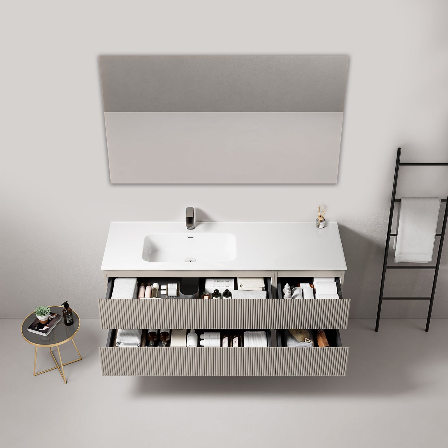 Mobile bagno sospeso cannettato 140 cm Grigio Cenere Lavabo a Sinistra in Resina Specchio Quadro - Fiji Paint