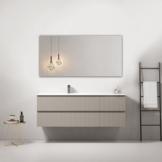 Mobile bagno sospeso cannettato 140 cm Grigio Cenere Lavabo a Sinistra in Resina Specchio Quadro - Fiji Paint