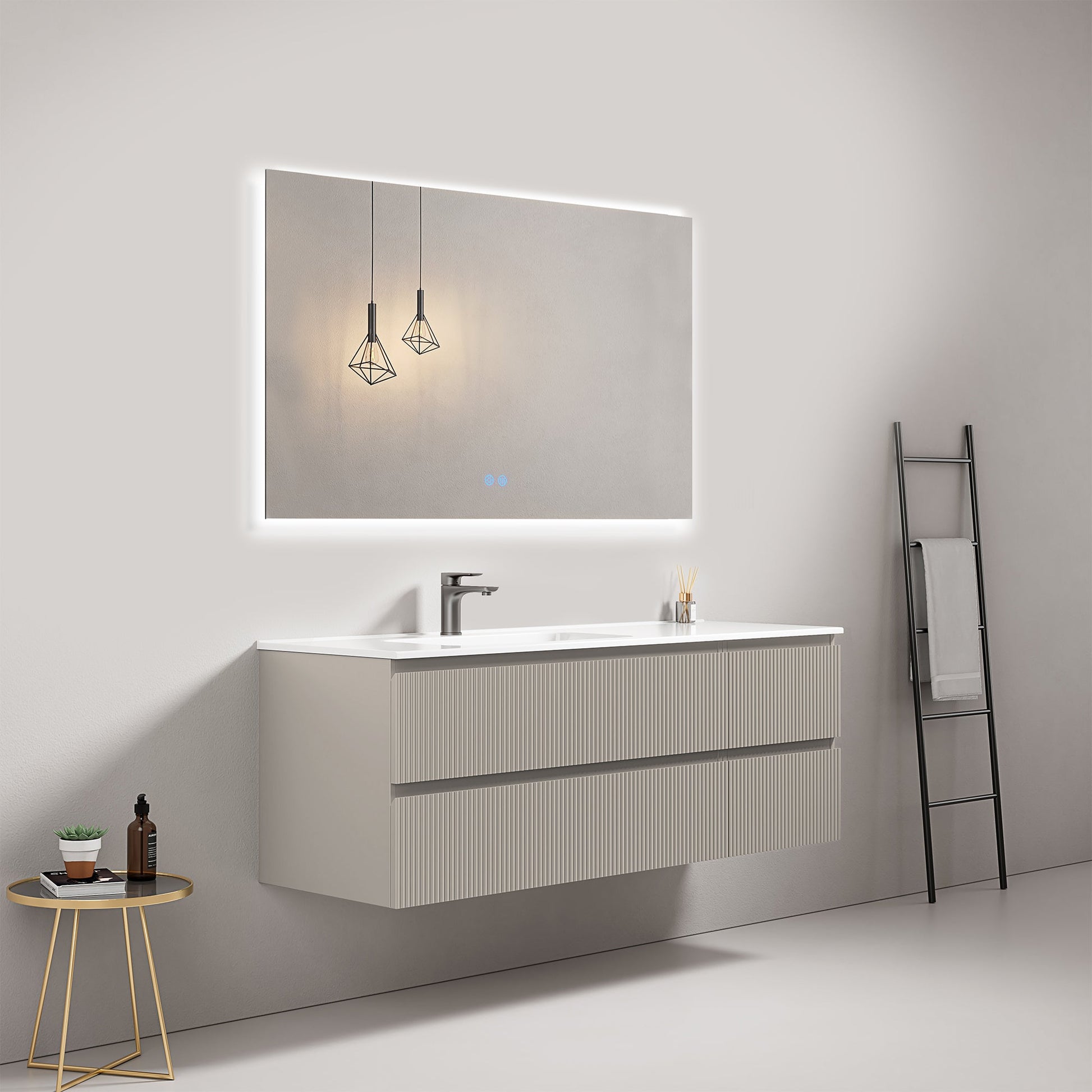 Mobile bagno sospeso cannettato 140 cm Grigio Cenere Lavabo a Sinistra in Resina Specchio Quadro Retroilluminato - Fiji Paint