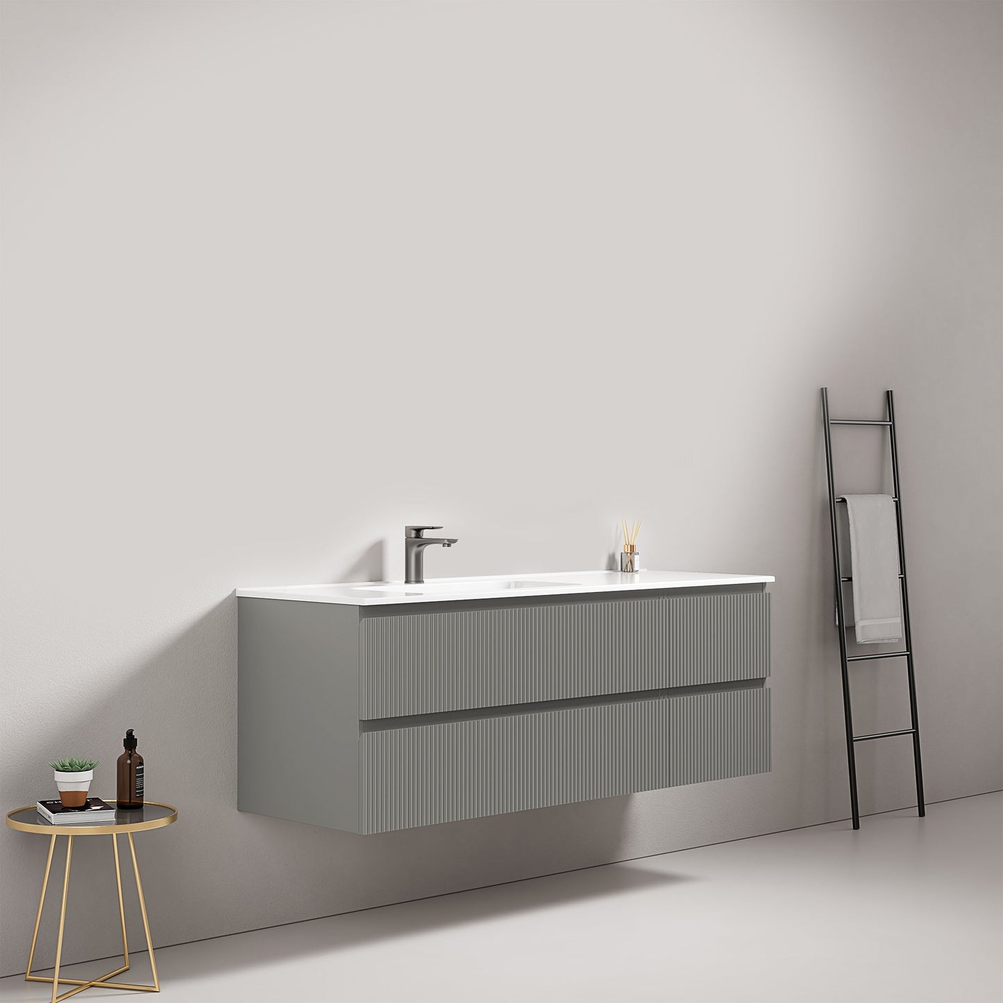 Mobile bagno sospeso cannettato 140 cm Grigio Londra Lavabo a Sinistra in Resina Senza Specchio - Fiji Paint