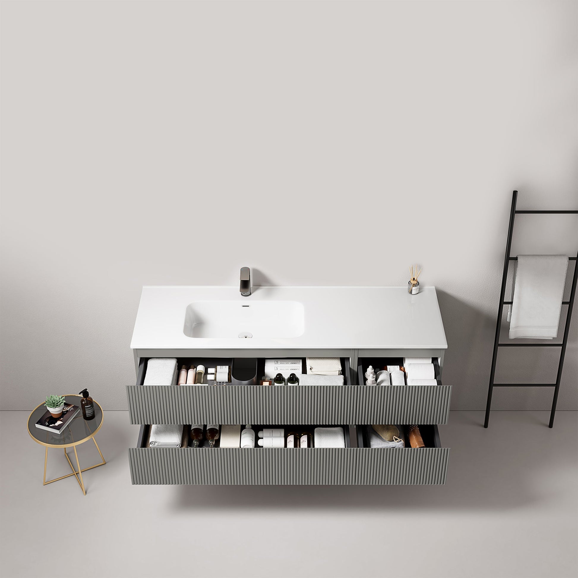 Mobile bagno sospeso cannettato 140 cm Grigio Londra Lavabo a Sinistra in Resina Senza Specchio - Fiji Paint.