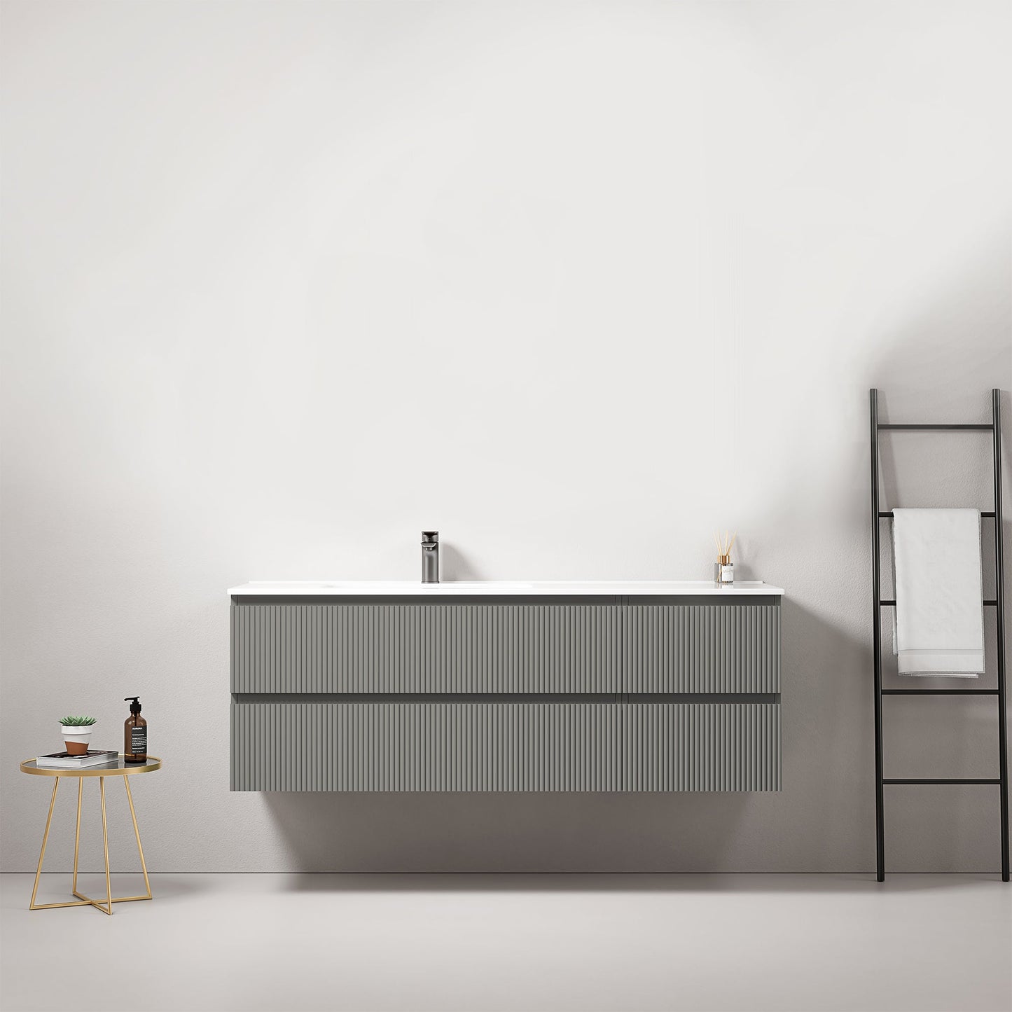 Mobile bagno sospeso cannettato 140 cm Grigio Londra Lavabo a Sinistra in Resina Senza Specchio - Fiji Paint