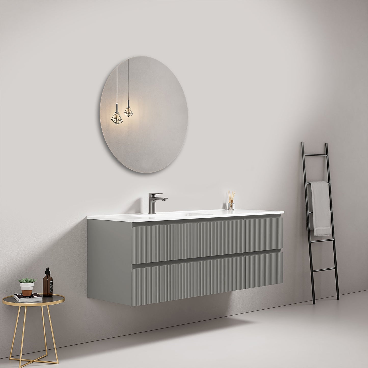 Mobile bagno sospeso cannettato 140 cm Grigio Londra Lavabo a Sinistra in Resina Specchio Tondo - Fiji Paint