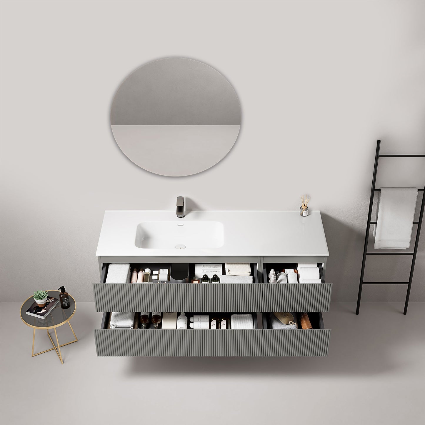 Mobile bagno sospeso cannettato 140 cm Grigio Londra Lavabo a Sinistra in Resina Specchio Tondo - Fiji Paint