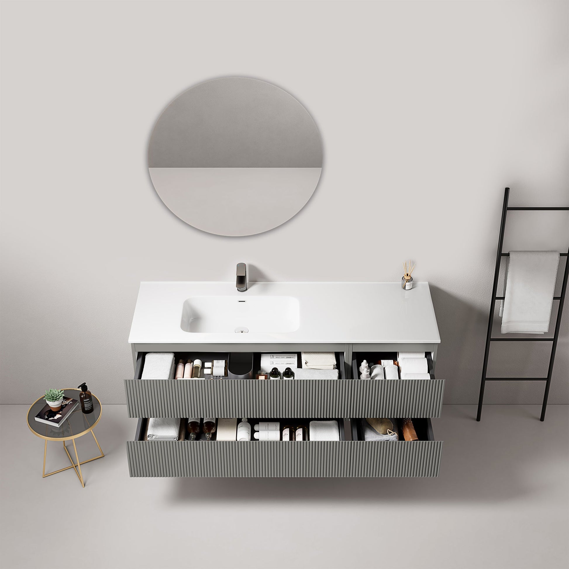 Mobile bagno sospeso cannettato 140 cm Grigio Londra Lavabo a Sinistra in Resina Specchio Tondo - Fiji Paint