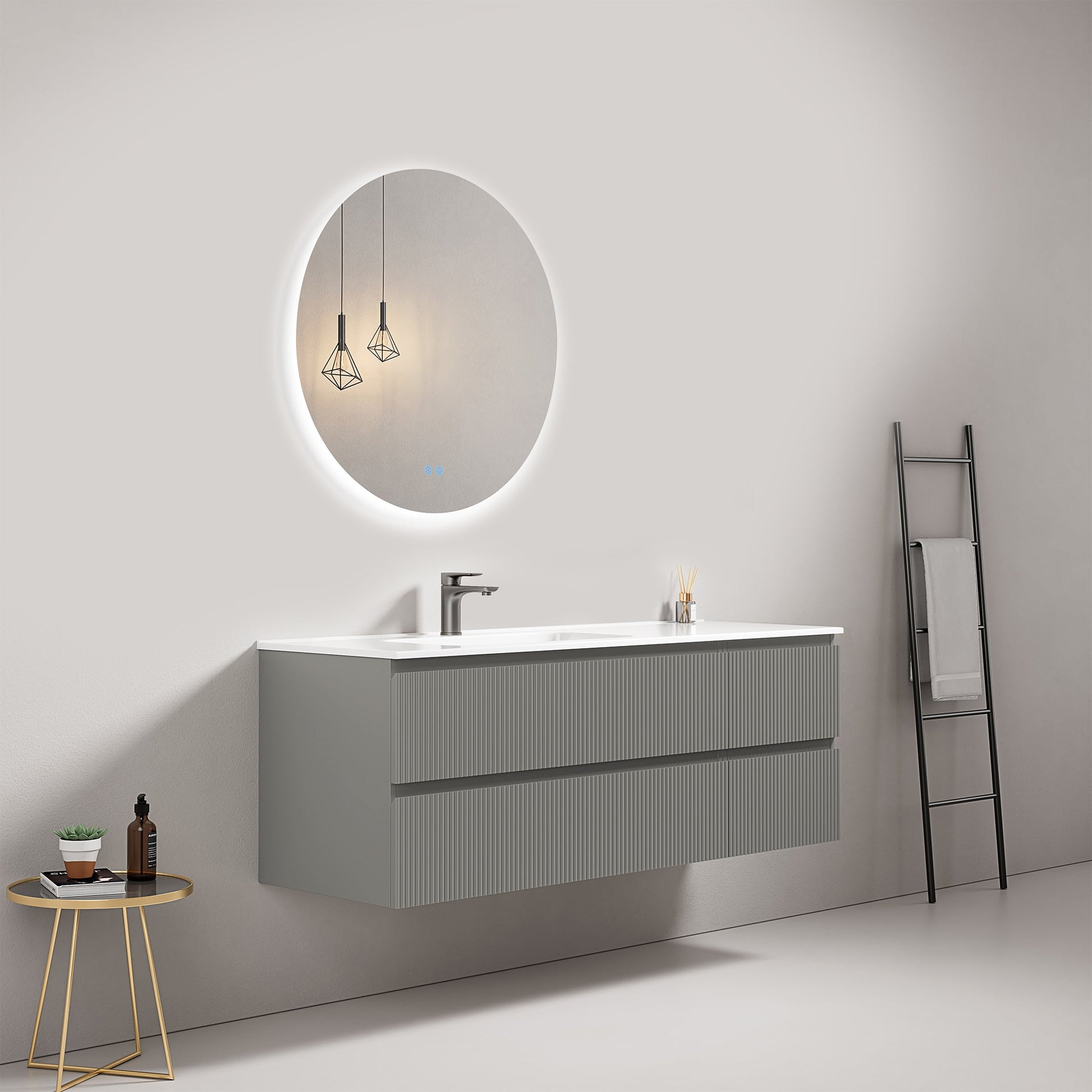 Mobile bagno sospeso cannettato 140 cm Grigio Londra Lavabo a Sinistra in Resina Specchio Tondo Retroilluminato - Fiji Paint.