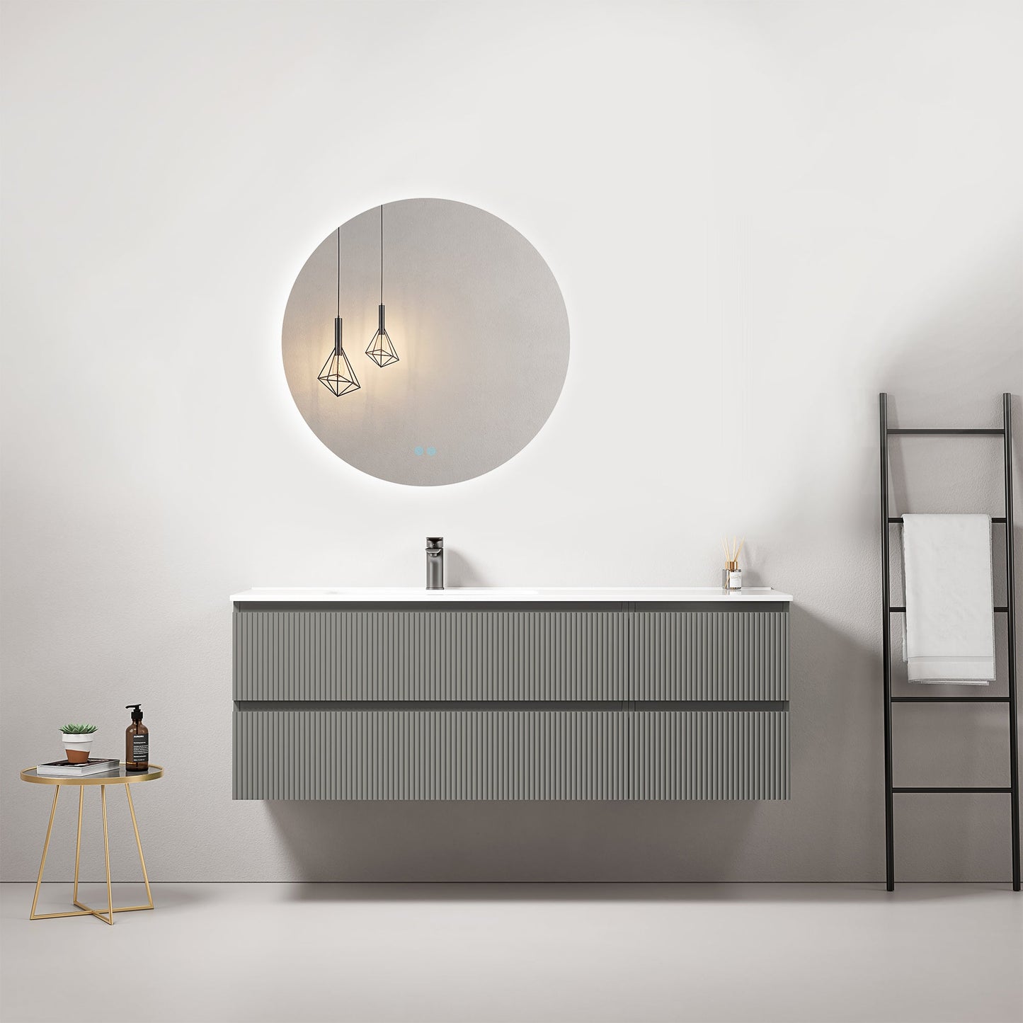 Mobile bagno sospeso cannettato 140 cm Grigio Londra Lavabo a Sinistra in Resina Specchio Tondo Retroilluminato - Fiji Paint