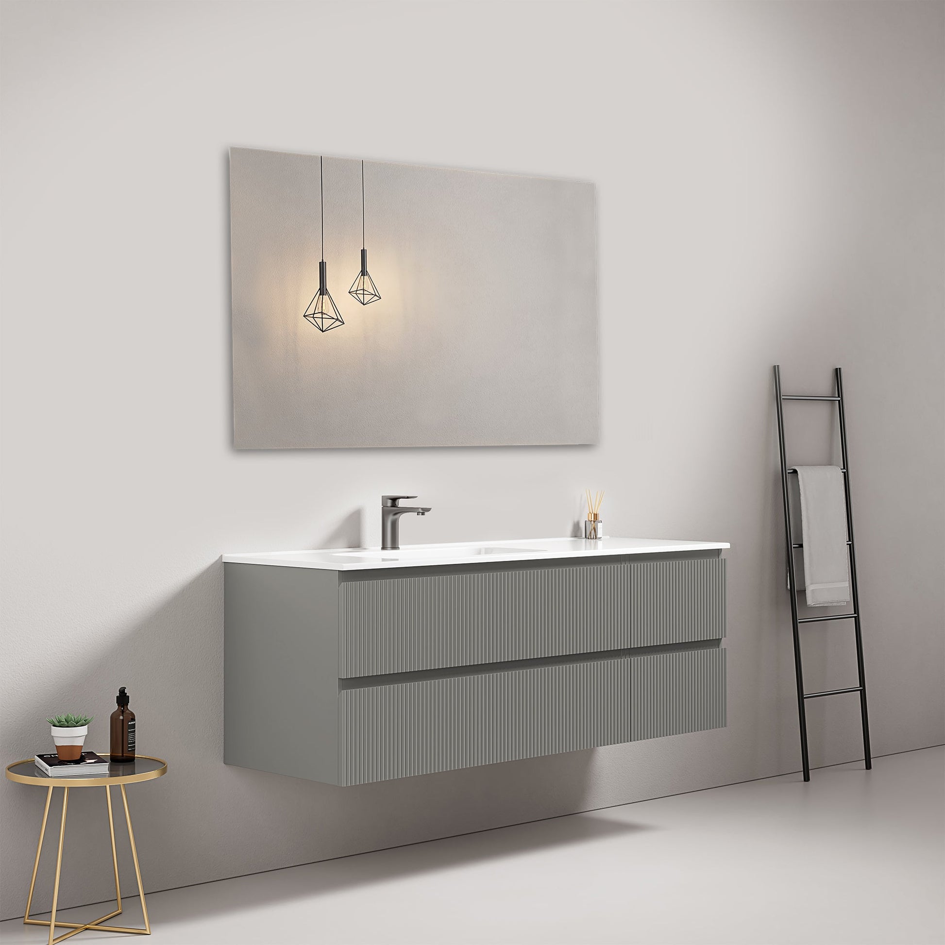 Mobile bagno sospeso cannettato 140 cm Grigio Londra Lavabo a Sinistra in Resina Specchio Quadro - Fiji Paint