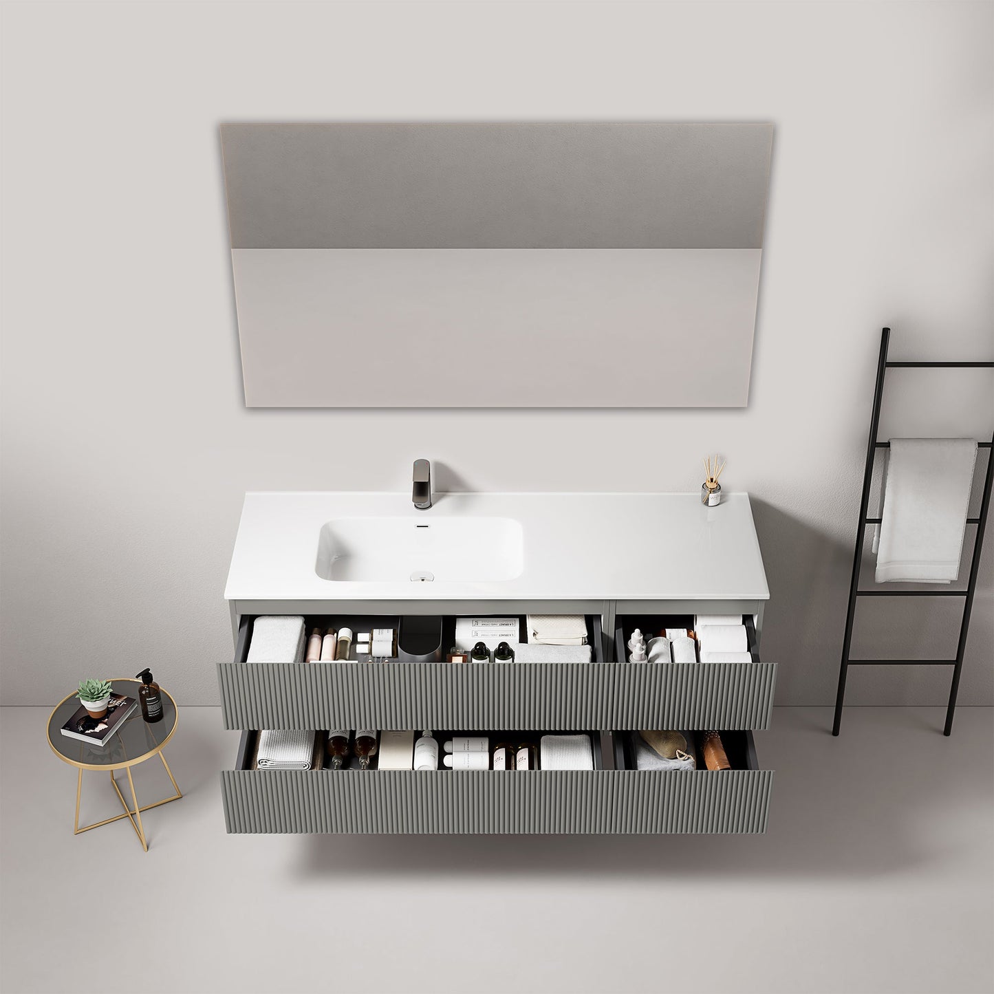 Mobile bagno sospeso cannettato 140 cm Grigio Londra Lavabo a Sinistra in Resina Specchio Quadro - Fiji Paint