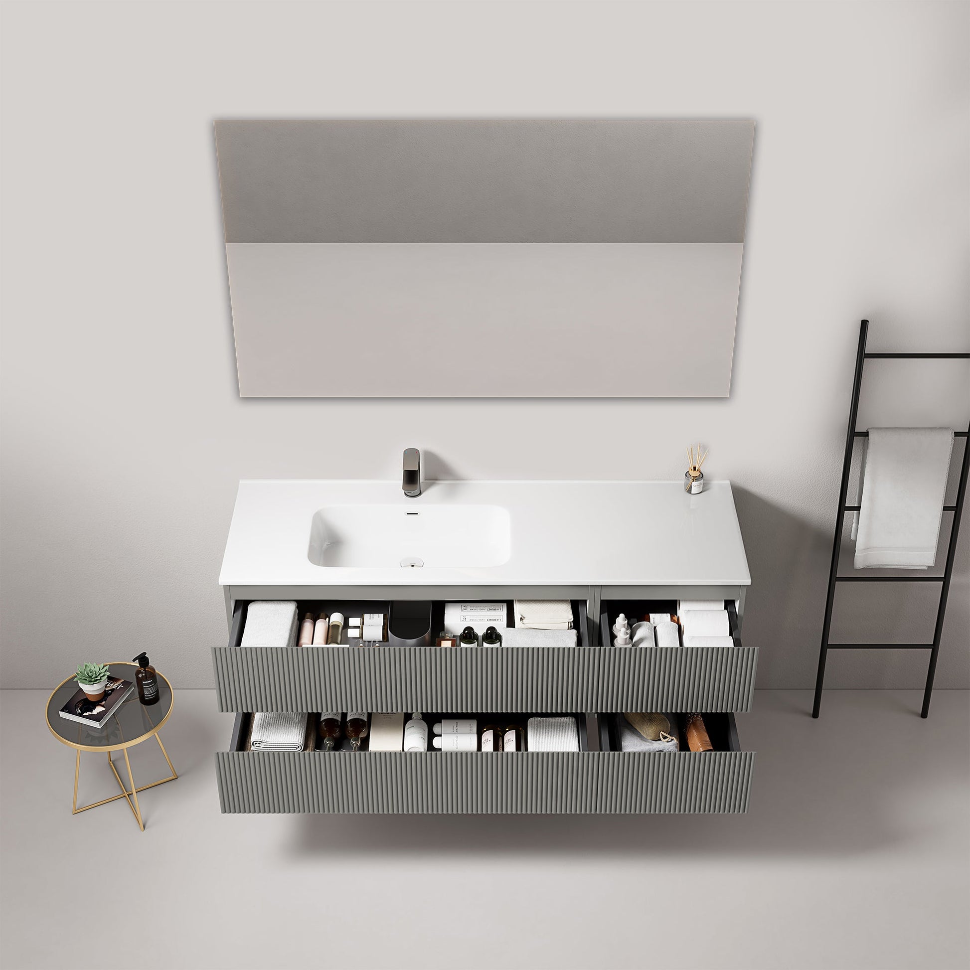 Mobile bagno sospeso cannettato 140 cm Grigio Londra Lavabo a Sinistra in Resina Specchio Quadro - Fiji Paint