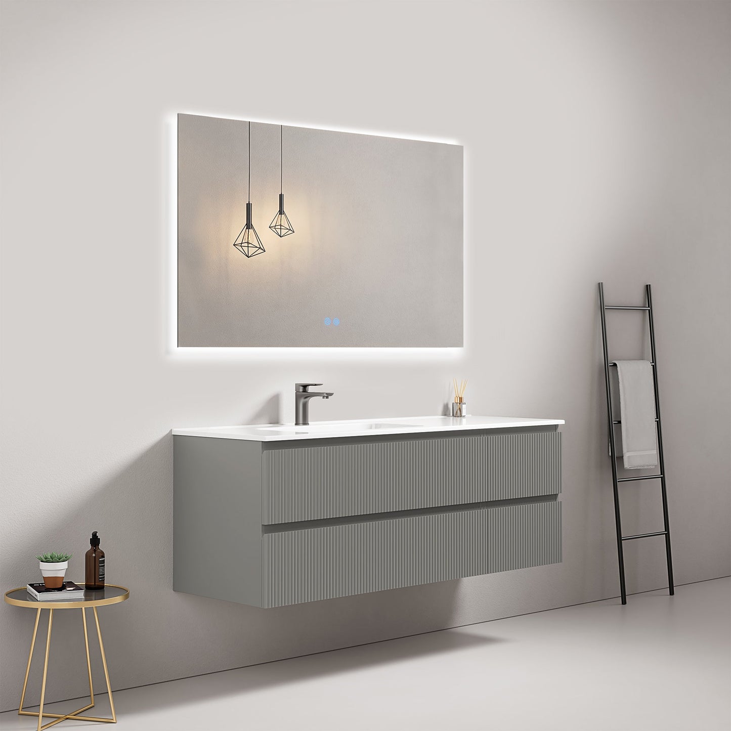 Mobile bagno sospeso cannettato 140 cm Grigio Londra Lavabo a Sinistra in Resina Specchio Quadro Retroilluminato - Fiji Paint