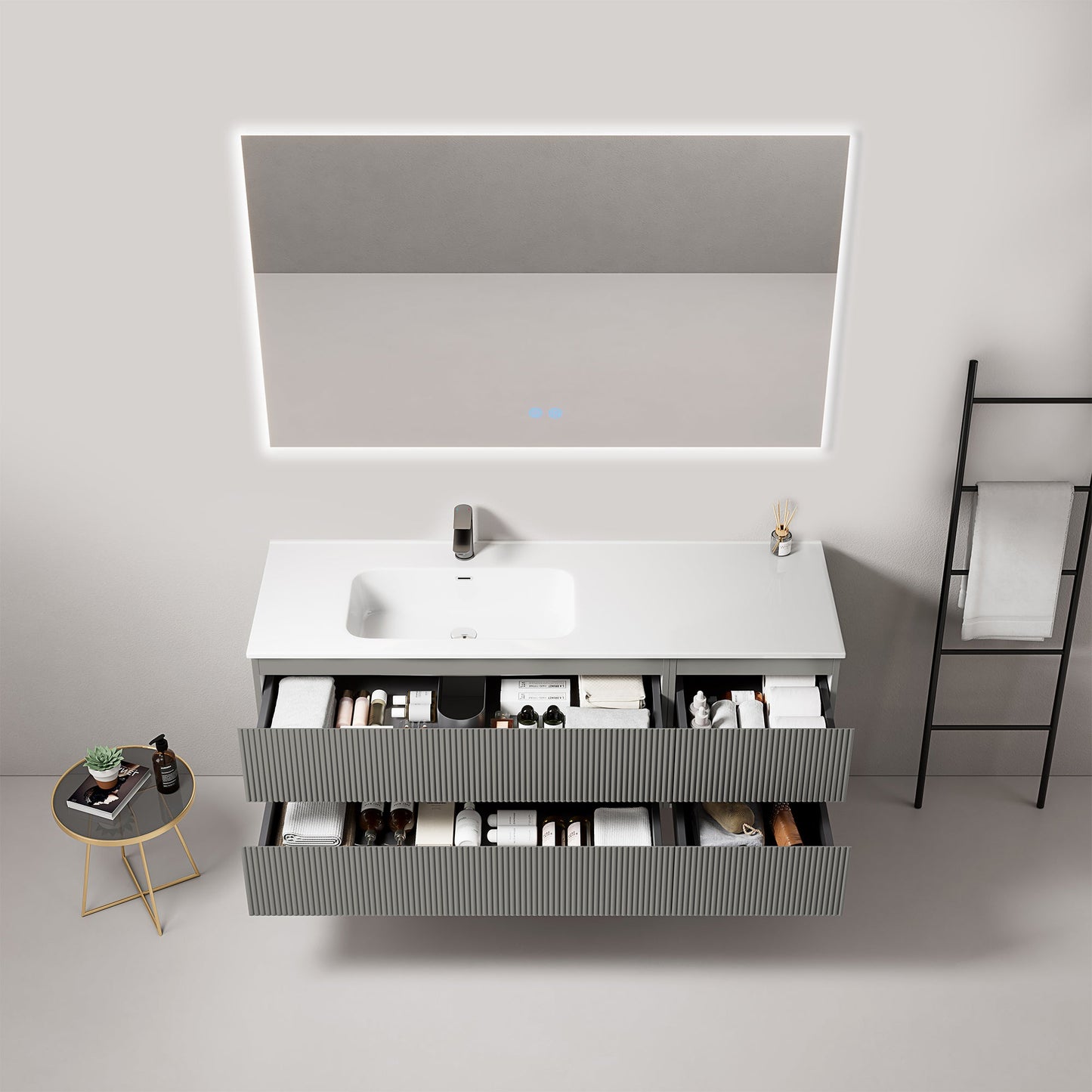 Mobile bagno sospeso cannettato 140 cm Grigio Londra Lavabo a Sinistra in Resina Specchio Quadro Retroilluminato - Fiji Paint