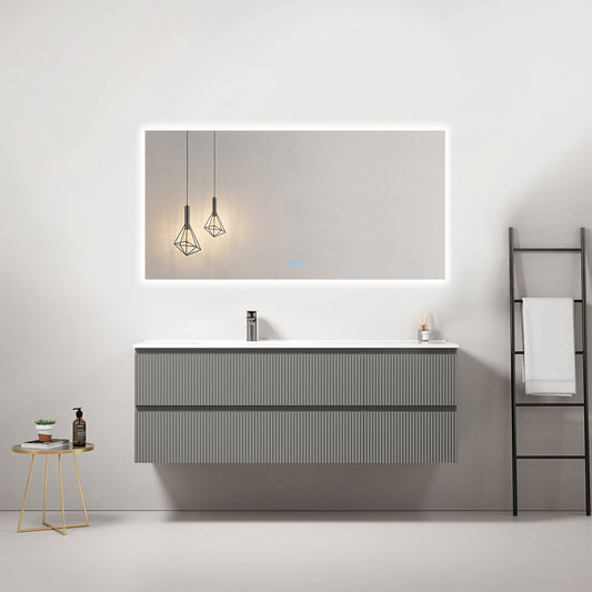 Mobile bagno sospeso cannettato 140 cm Grigio Londra Lavabo a Sinistra in Resina Specchio Quadro Retroilluminato - Fiji Paint.